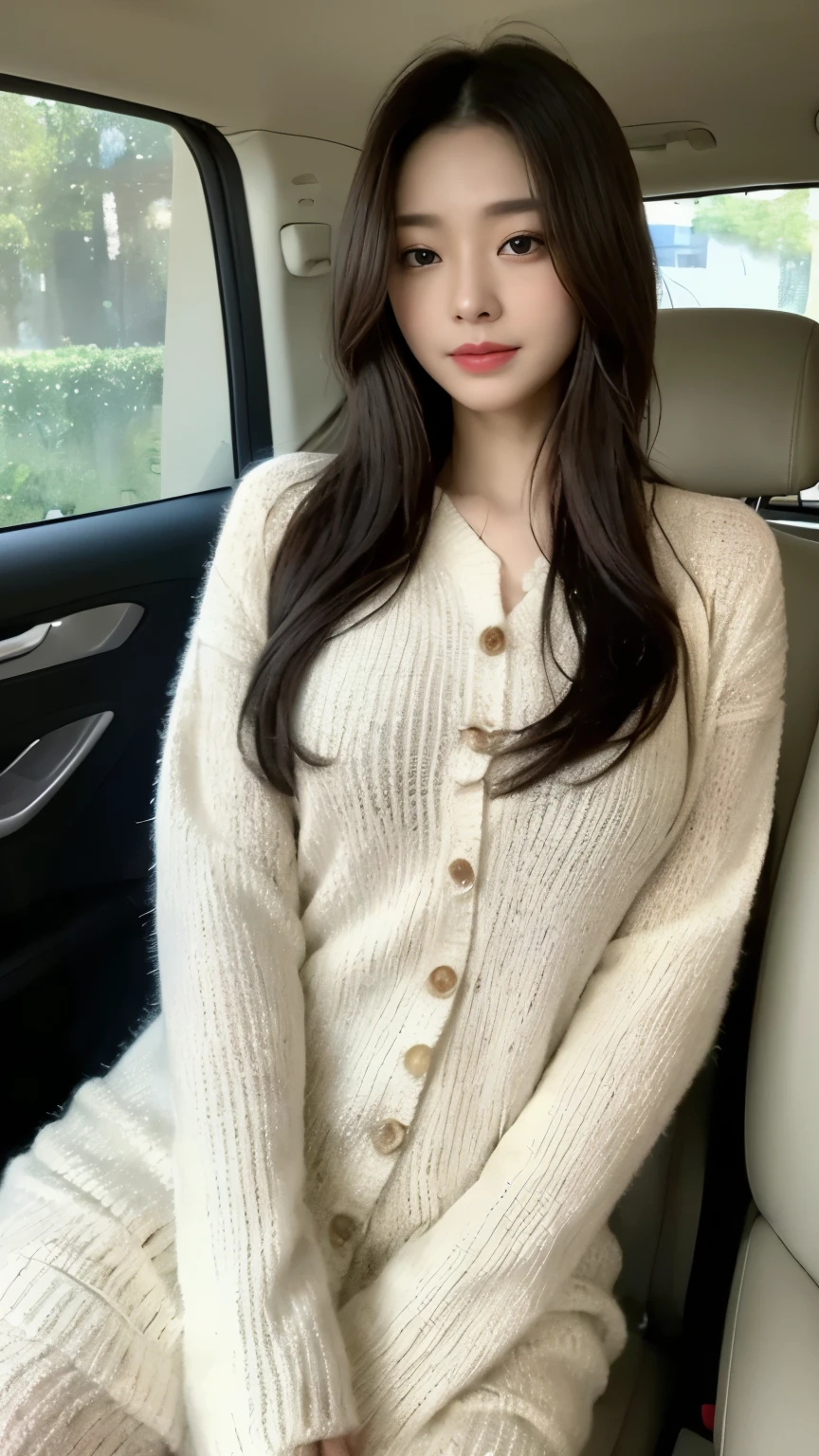 ((top-quality、8k、masterpiece:1.3))、Beautiful woman with perfect body:1.4、slim abdomen:1.2、Longhair, normal breast, Highly detailed facial and skin texture, A detailed eye, delicate eyes, double eyelid, (smile), (full body shot), ((in the car 1.1)), (sitting in the car), ((wearing white sweater suit dress)), looking in front