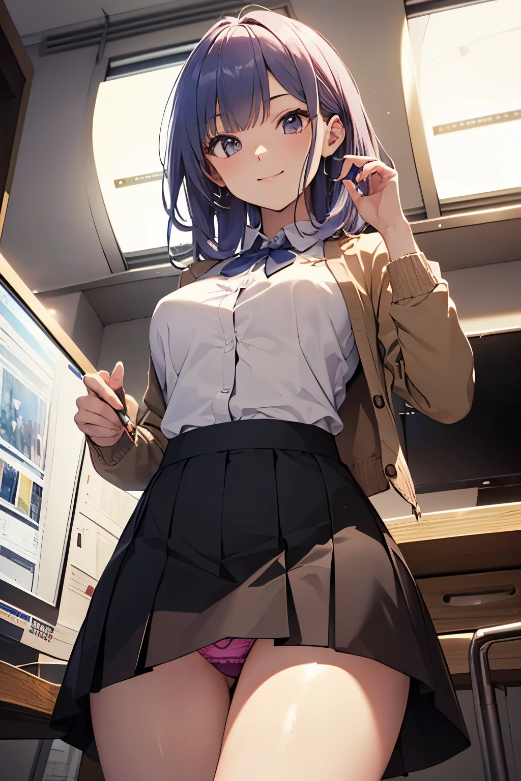 20 year old female、very pretty、OL、cardigan、While working in the office、Front facing、(Tight Skirt、up skirt、Show your panties:1.4)、(official art、highest quality、unity 8k wallpaper、32K、masterpiece、Super detailed、ultra high resolution、realistic、Photoreal:1.2)、(cinematic lighting:1.2)、best shadow、rim lighting、side light、(Highly detailed and complex 3D rendering)、computer、bright hair color、(from below:1.4), cowboy shot、smile,