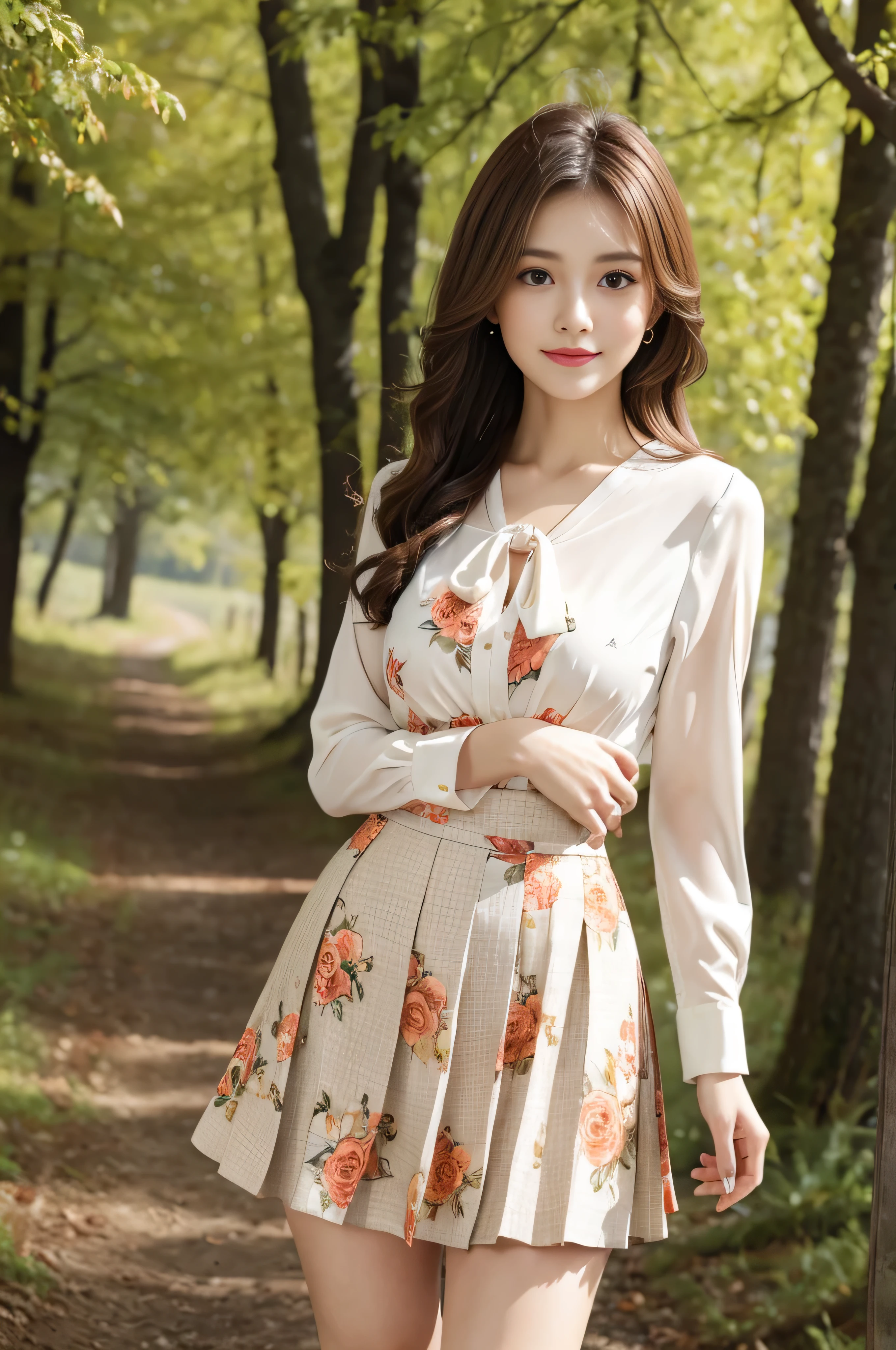 Bread chira、whole body、field, best quality, Realistic, super detailed, down to the last detail, High resolution, 4k wallpaper, Beautiful woman,, light brown hair, wore a suit, perfect dynamic composition, beautiful and delicate eyes, delicate hair, Round face model body type、mini skirt、drooping eyes,shy smile,in woods,Floral blouse、Blouse with ribbon、Flashy orange and white printed dress, Pleated skirt with many checked folds、