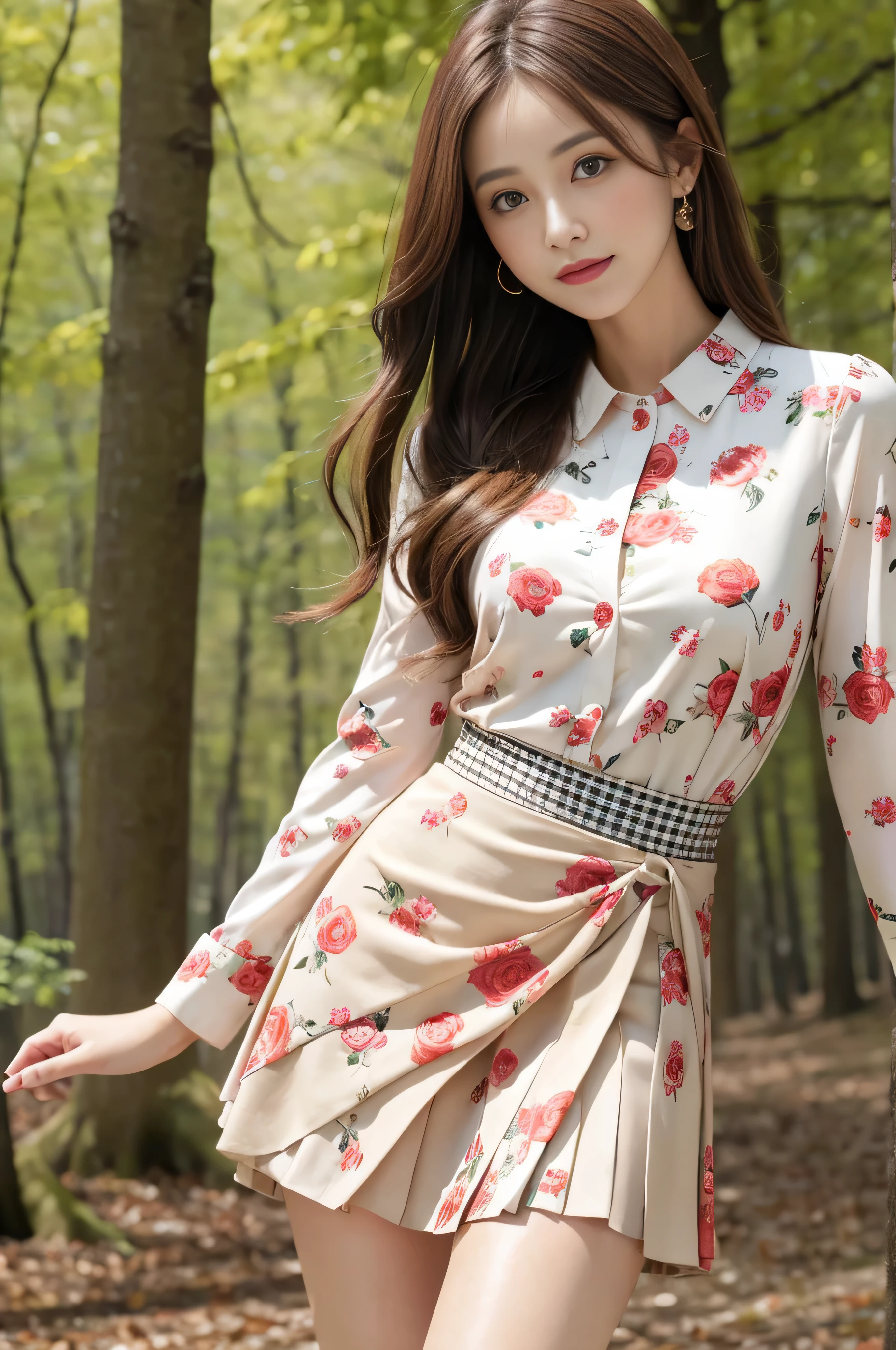 Bread chira、whole body、field, best quality, Realistic, super detailed, down to the last detail, High resolution, 4k wallpaper, Beautiful woman,, light brown hair, wore a suit, perfect dynamic composition, beautiful and delicate eyes, delicate hair, Round face model body type、mini skirt、drooping eyes,shy smile,in woods,Floral blouse、Blouse with ribbon、Flashy orange and white printed dress, Pleated skirt with many checked folds、