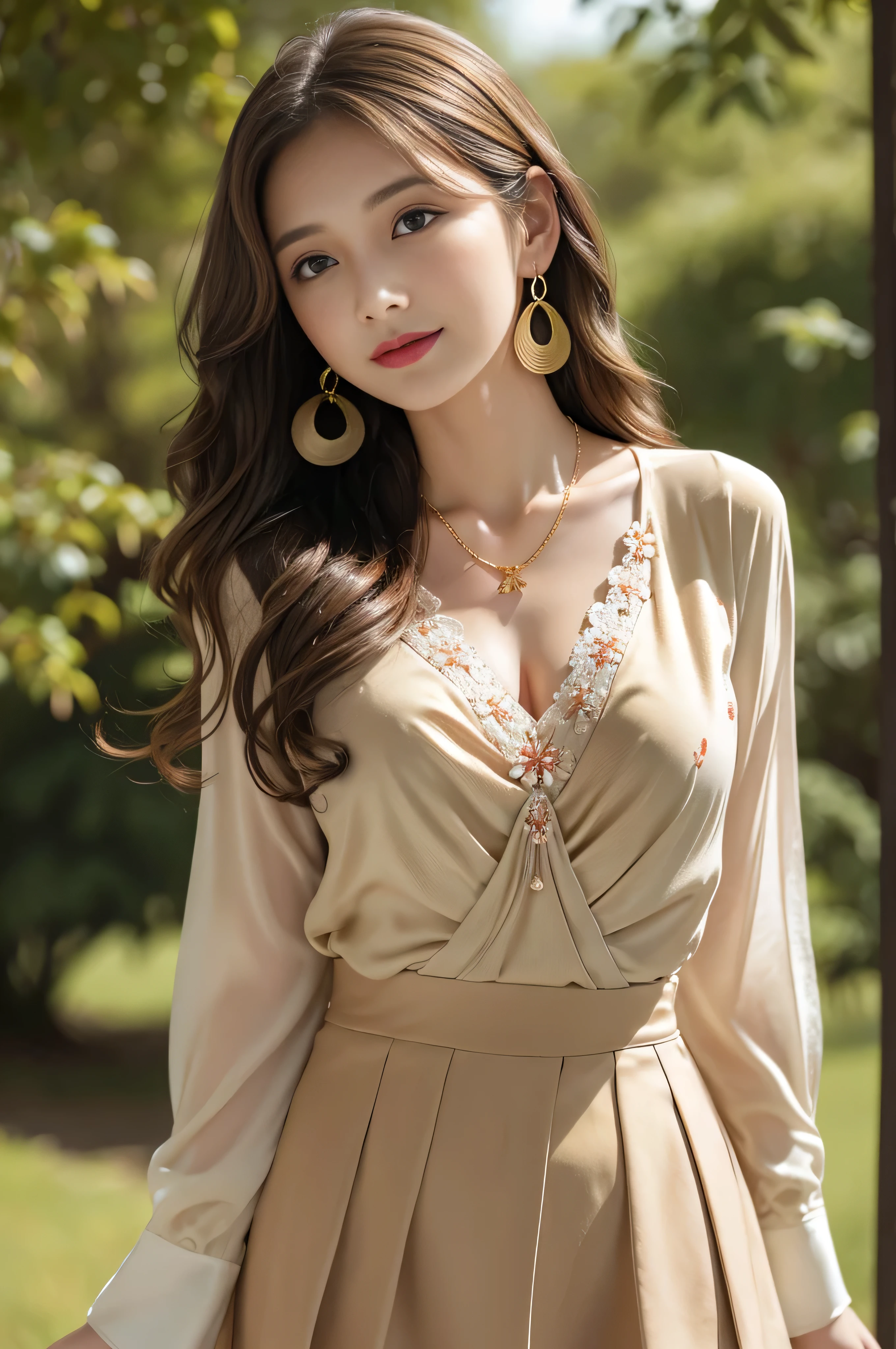 Panty shot、whole body、field、highest quality、real、Super detailed、down to the last detail、High resolution、4k wallpaper、Beautiful woman、light brown hair、wearing a suit、perfect dynamic composition、beautiful and delicate eyes、delicate hair、round face model body shape、mini skirt、droopy eyes、shy smile、in the forest、floral blouse、Blouse with ribbon、fancy orange and white printed dress、 Pleated skirt with many checkered folds、((Hair with loose waves inside:1.2)),((Super long brown hair:1.2))((gold necklace_Large earrings:1.2)),