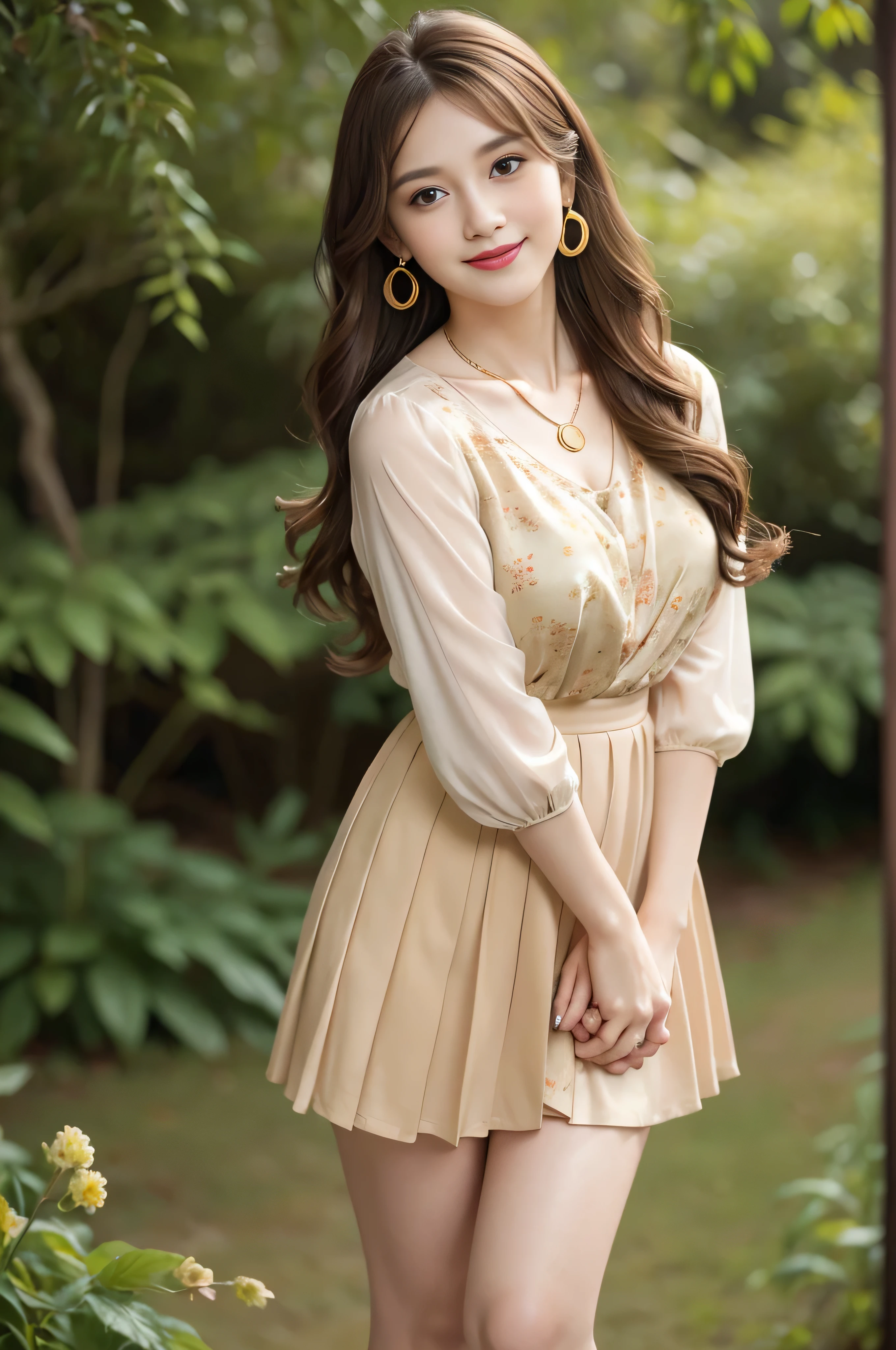 Panty shot、whole body、field、highest quality、real、Super detailed、down to the last detail、High resolution、4k wallpaper、Beautiful woman、light brown hair、wearing a suit、perfect dynamic composition、beautiful and delicate eyes、delicate hair、round face model body shape、mini skirt、droopy eyes、shy smile、in the forest、floral blouse、Blouse with ribbon、fancy orange and white printed dress、 Pleated skirt with many checkered folds、((Hair with loose waves inside:1.2)),(Super long brown hair:1.2))((gold necklace_Large earrings:1.2)),fullbody shot、((full figure supermodel stand, whole body in frame))((shy smile:1.3)),