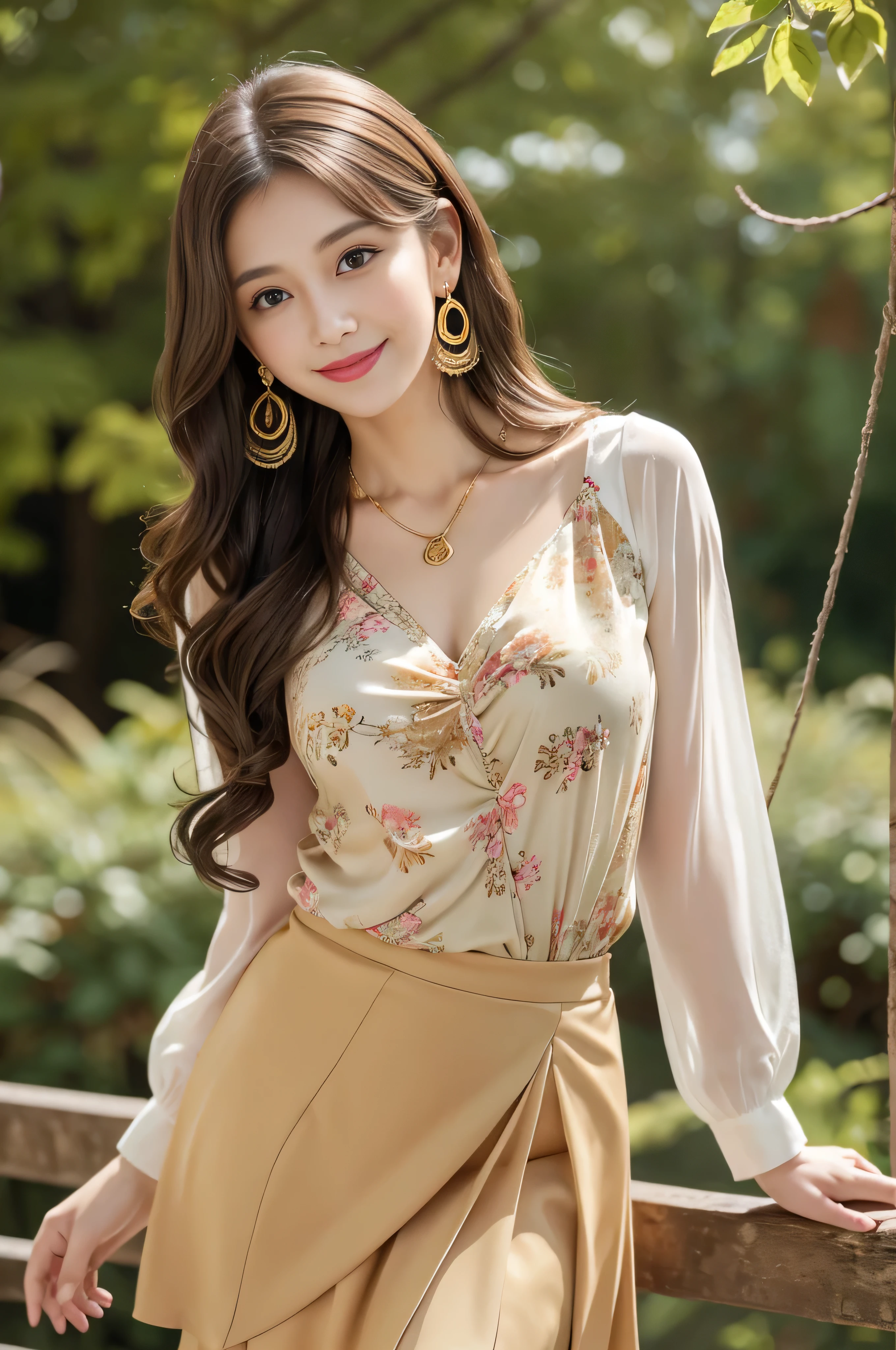 Panty shot、whole body、field、highest quality、real、Super detailed、down to the last detail、High resolution、4k wallpaper、Beautiful woman、light brown hair、wearing a suit、perfect dynamic composition、beautiful and delicate eyes、delicate hair、round face model body shape、mini skirt、droopy eyes、shy smile、in the forest、floral blouse、Blouse with ribbon、fancy orange and white printed dress、 Pleated skirt with many checkered folds、((Hair with loose waves inside:1.2)),(Super long brown hair:1.2))((gold necklace_Large earrings:1.2)),fullbody shot、((full figure supermodel stand, whole body in frame))((shy smile:1.3)),