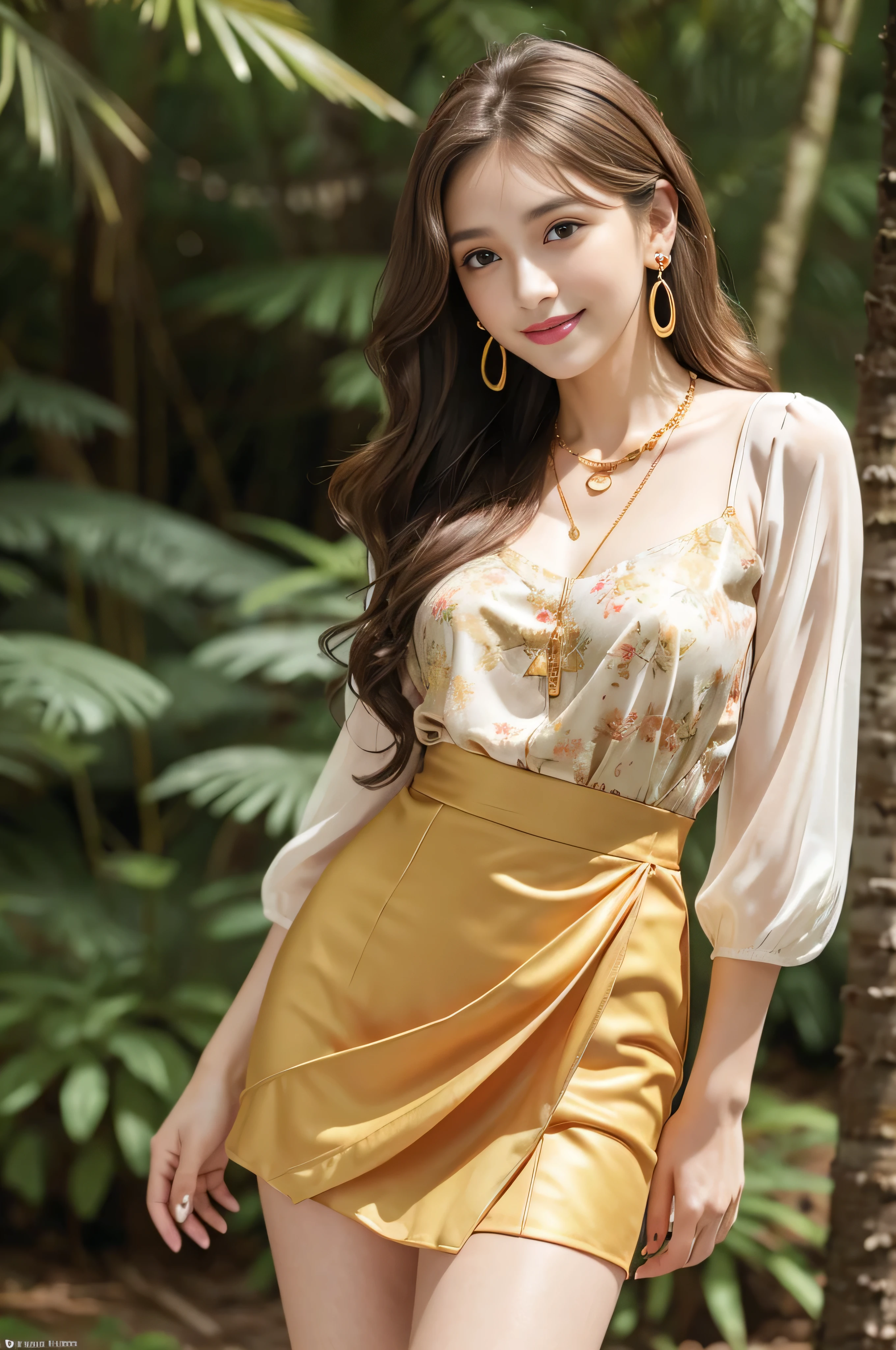 Panty shot、whole body、field、highest quality、real、Super detailed、down to the last detail、High resolution、4k wallpaper、Beautiful woman、light brown hair、wearing a suit、perfect dynamic composition、beautiful and delicate eyes、delicate hair、round face model body shape、mini skirt、droopy eyes、shy smile、in the forest、floral blouse、Blouse with ribbon、fancy orange and white printed dress、 Pleated skirt with many checkered folds、((Hair with loose waves inside:1.2)),(Super long brown hair:1.2))((gold necklace_Large earrings:1.2)),fullbody shot、((full figure supermodel stand, whole body in frame))((shy smile:1.3)),