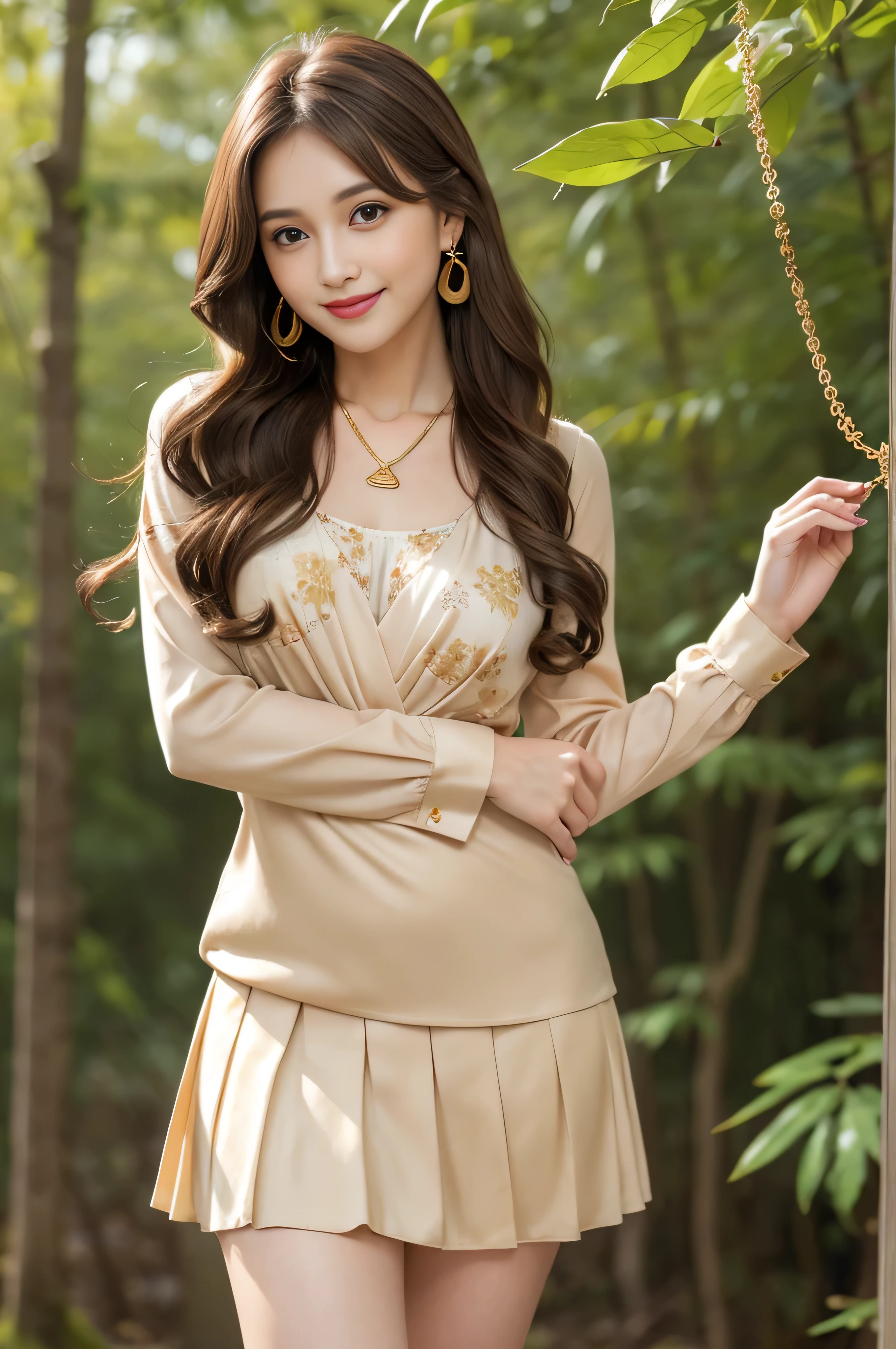 Panty shot、whole body、field、highest quality、real、Super detailed、down to the last detail、High resolution、4k wallpaper、Beautiful woman、light brown hair、wearing a suit、perfect dynamic composition、beautiful and delicate eyes、delicate hair、round face model body shape、mini skirt、droopy eyes、shy smile、in the forest、floral blouse、Blouse with ribbon、fancy orange and white printed dress、 Pleated skirt with many checkered folds、((Hair with loose waves inside:1.2)),(Super long brown hair:1.2))((gold necklace_Large earrings:1.2)),fullbody shot、((full figure supermodel stand, whole body in frame))((shy smile:1.3)),