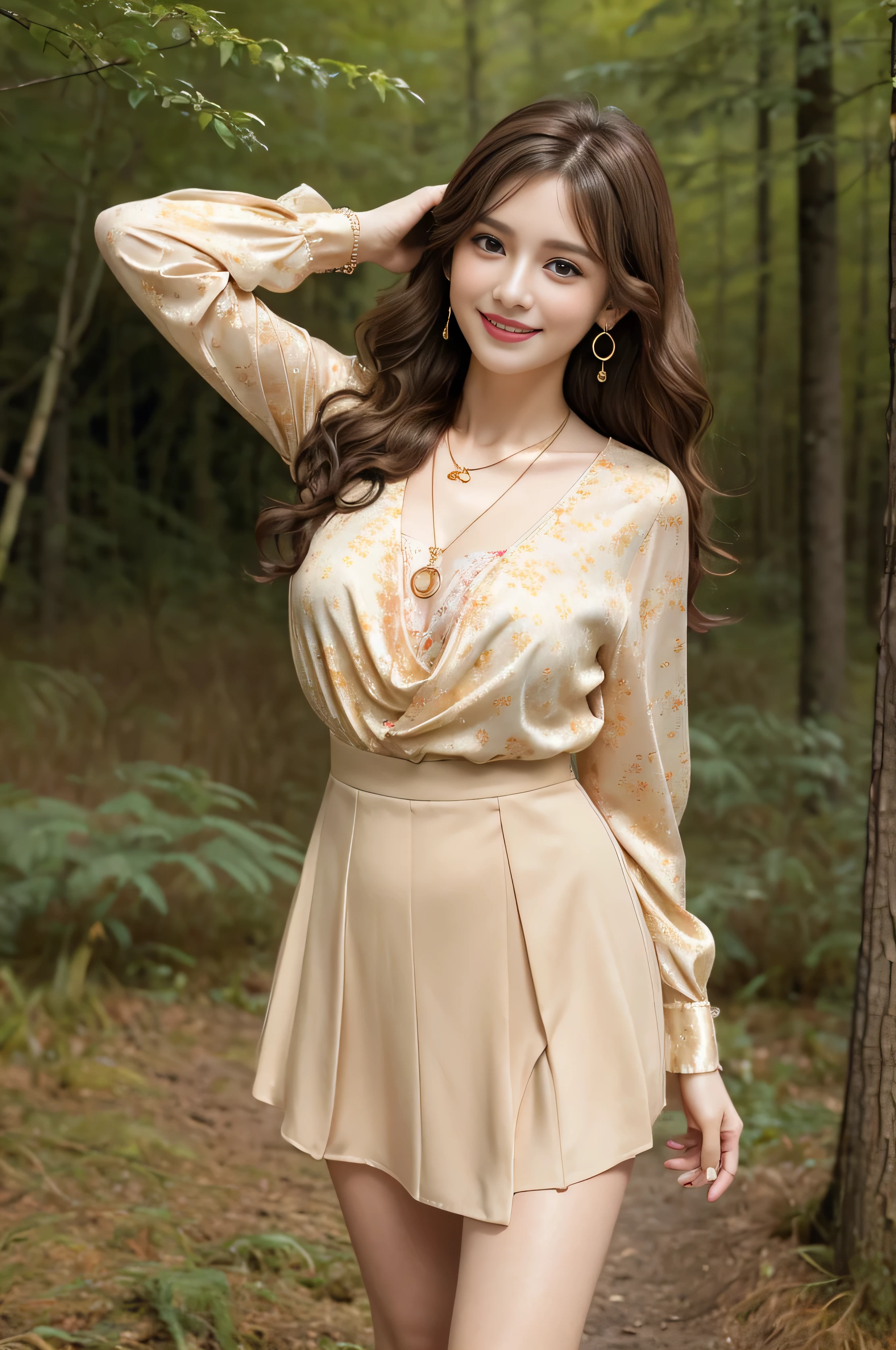 Panty shot、whole body、field、highest quality、real、Super detailed、down to the last detail、High resolution、4k wallpaper、Beautiful woman、light brown hair、wearing a suit、perfect dynamic composition、beautiful and delicate eyes、delicate hair、round face model body shape、mini skirt、droopy eyes、shy smile、in the forest、floral blouse、Blouse with ribbon、fancy orange and white printed dress、 Pleated skirt with many checkered folds、((Hair with loose waves inside:1.2)),(Super long brown hair:1.2))((gold necklace_Large earrings:1.2)),fullbody shot、((full figure supermodel stand, whole body in frame))((shy smile:1.3)),