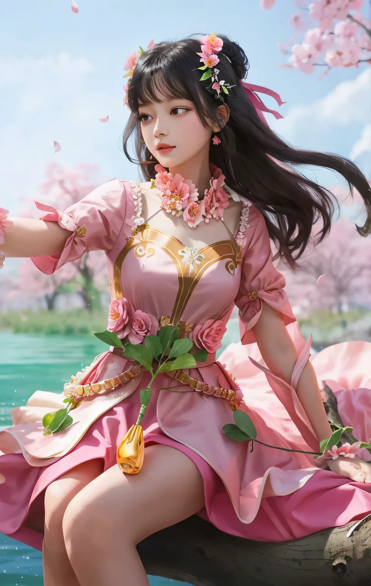 a woman in a pink dress sitting on a tree with a flower in her hand, black hair, a princess