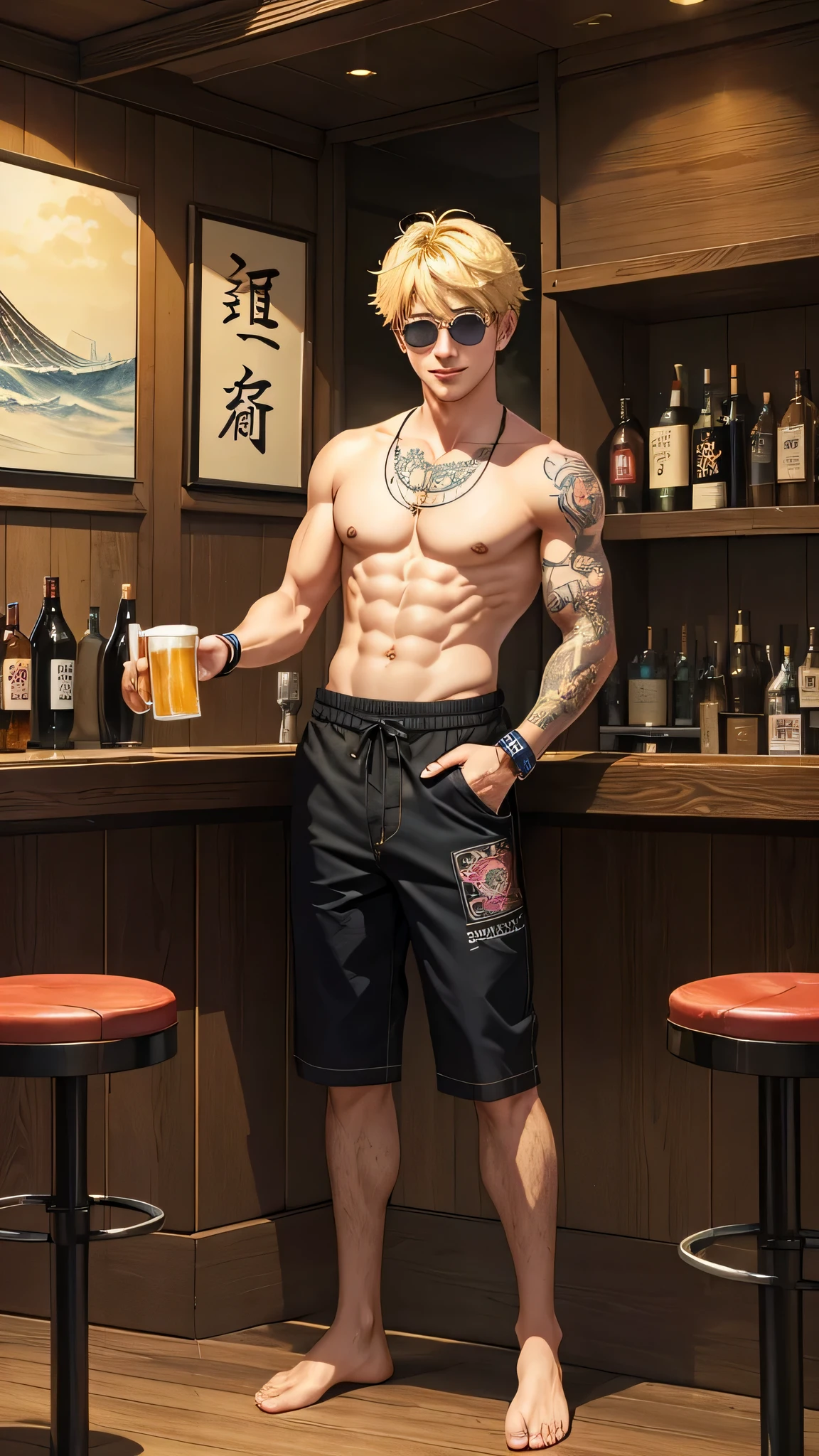 最high quality、best image quality、masterpiece、male((20-year-old、 By becoming、wide open breast tea、輝くeye, blonde、shortcut、Wristband、stubble、muscular、eye、sunglasses、full body tattoo、smile、holding beer bottles、barテンダーの衣装)),high quality、beautiful art、background((Tokyo,bar))、Flight、debris flies、Depth of written boundary、movie、visual art、perfect art、8k,genuine、