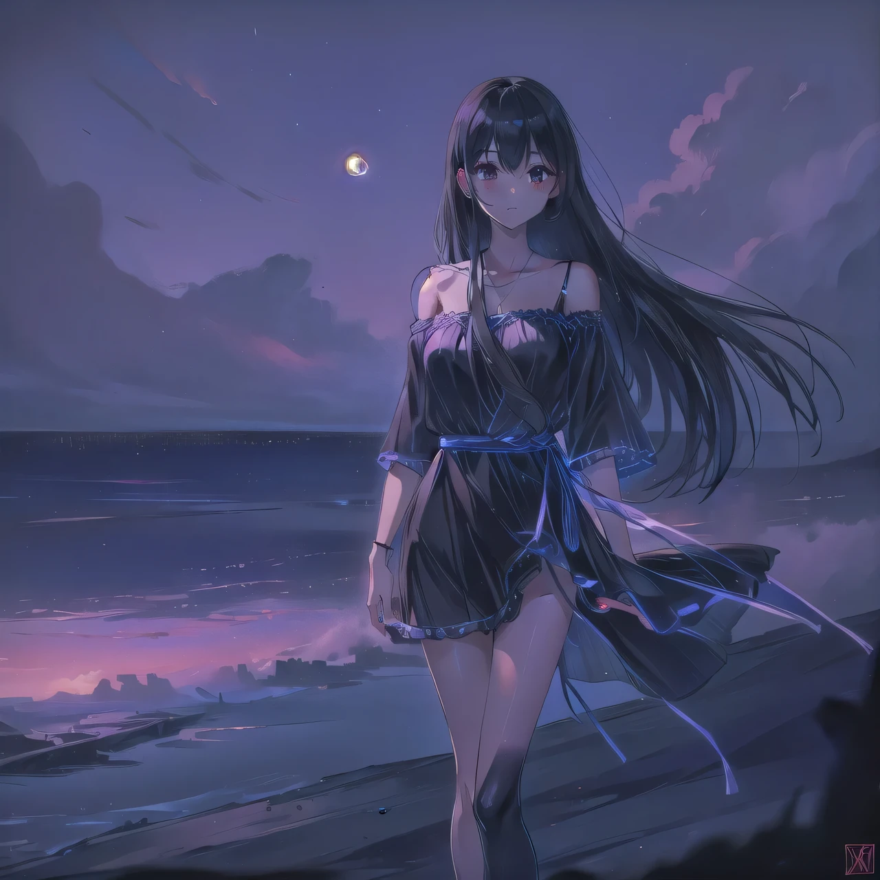 black haired woman, beautiful long legs, Wear a skirt and admire the night view of the lakeside cityscape from the hill..