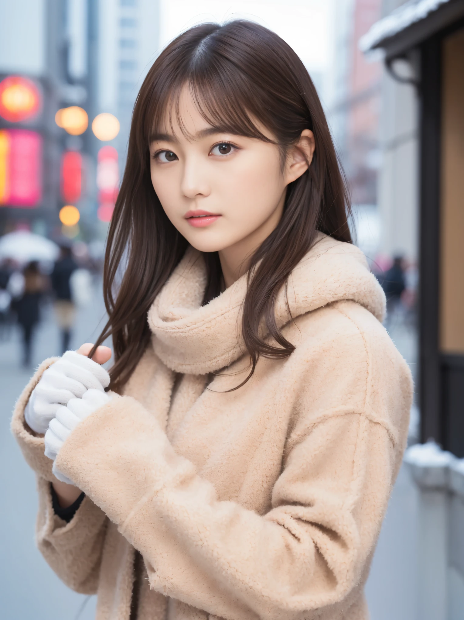 (best image quality、8k、masterpiece:1.3))、Realistic high quality photos、highest quality、pretty girl~well-groomed face、25 year old beautiful Japan woman、Photos of slim models、Big Model、若いjapanese girl、young and cute face、japanese girl、25 year old female model、beautiful model girl、The innocent look of the girl next door、nice delicate face、brown hair、beautiful brown eyes、tear bag、drooling eyes、young body、coat, scarf, gloves, winter
