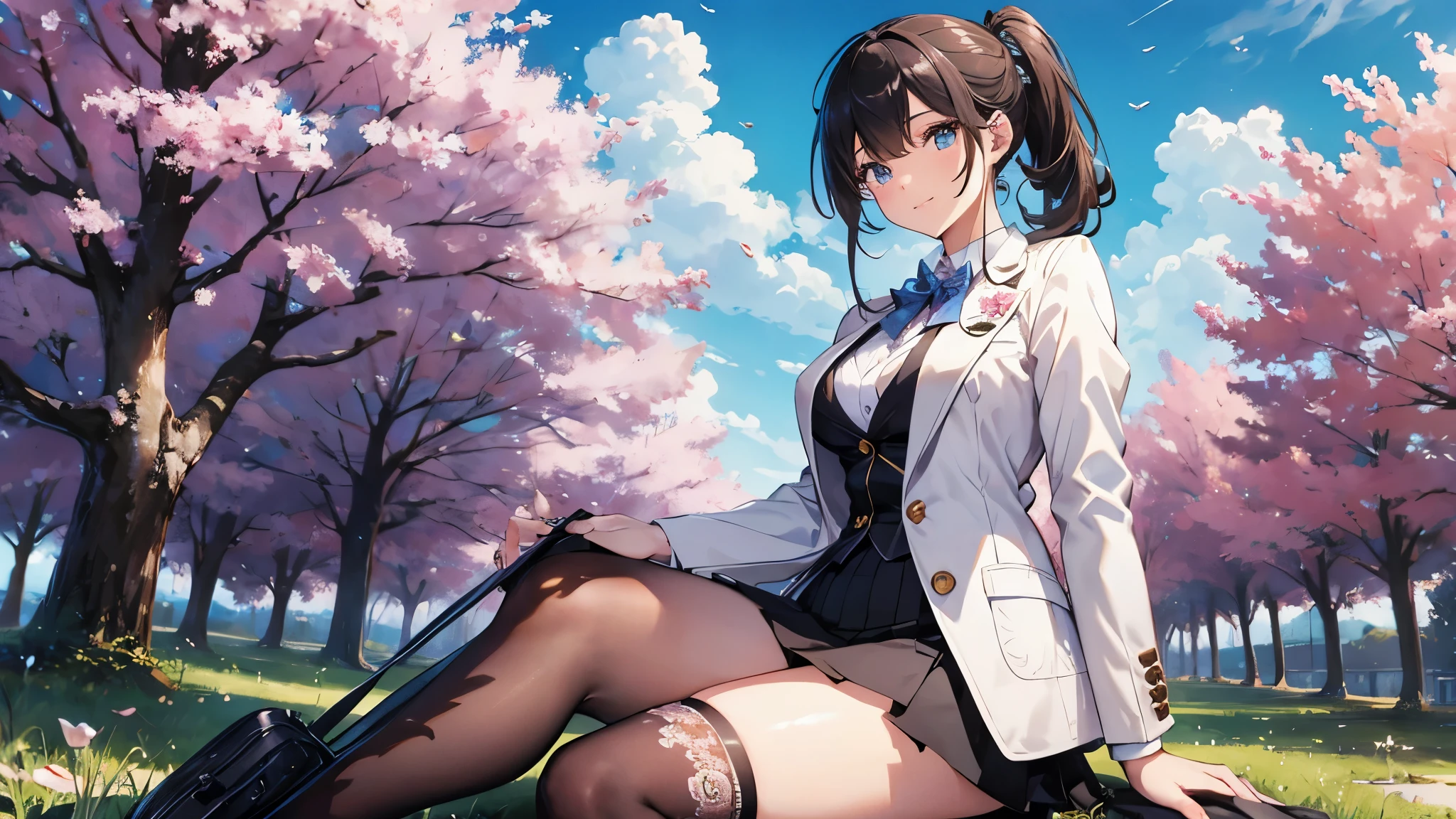 ((highest quality)),(ultra high resolution),(Super detailed),(detailed description),((best CG)),(best work of art),super precision art,amazing drawing art,(Art with precise details:1.5), (one high school girl:1.6),(beautiful and well-shaped face:1.5),shy smile:1.6,light makeup:1.4,(A detailed blazer:1.8),ponytail:1.6,over knee socks:1.4, Cherry blossom trees:1.5,Blue sky:1.5,