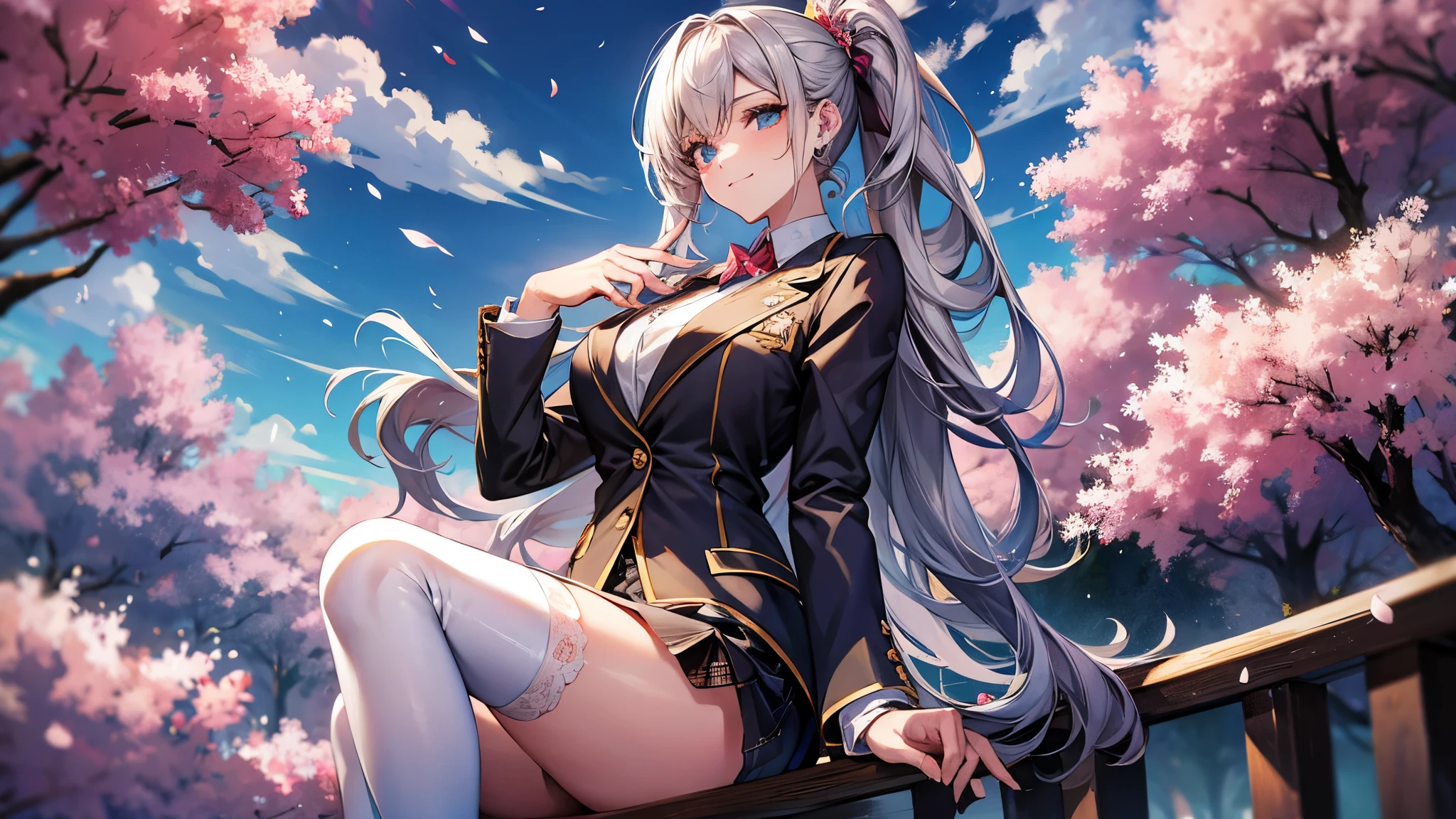 ((highest quality)),(ultra high resolution),(Super detailed),(detailed description),((best CG)),(best work of art),super precision art,amazing drawing art,(Art with precise details:1.5), (one high school girl:1.6),(beautiful and well-shaped face:1.5),shy smile:1.6,light makeup:1.4,(A detailed blazer:1.8),ponytail:1.6,over knee socks:1.4, Cherry blossom trees:1.5,Blue sky:1.5,
