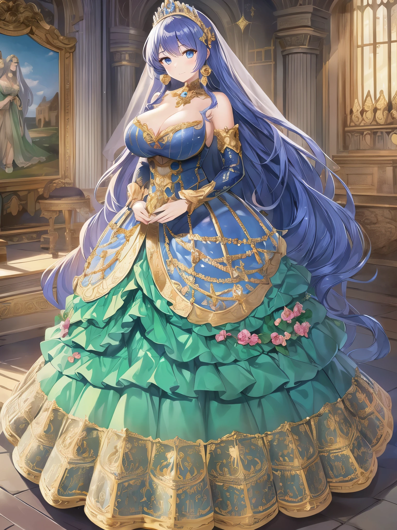 ((anime artstyle)),Masterpiece,Best Quality,Super Detail,((Very Delicate and Beautiful)),Solo,((full body)),full body portrait,((1 bling-bling rococo princess in a gorgeous rococo ballgown with voluminous full length hoop skirt)),(((very very gigantic tits,cleavage,curvy))),Skindentation,((Cathedral,church)),((crinoline,long train)),super detailed gorgeous ballgown with voluminous full length hoop skirt,gorgeous princess rococo ballgown with long train,beautiful embroidery and jeweled,(((gorgeous princess rococo ballgown with beautiful embroidery and jeweled))),(detailed face and eyes),jewel-like eyes,((extremely voluminous straight Hair,Extremely Long Straight Hair)),extremely gorgeous hair ornament,((extremely gorgeous bling-bling big tiara)),bling-bling luxurious jewelry,Beautifully detailed lots of lace and ruffles,(Dynamic Angle),((gorgeous rococo ballgown with voluminous full length hoop skirt)),full body