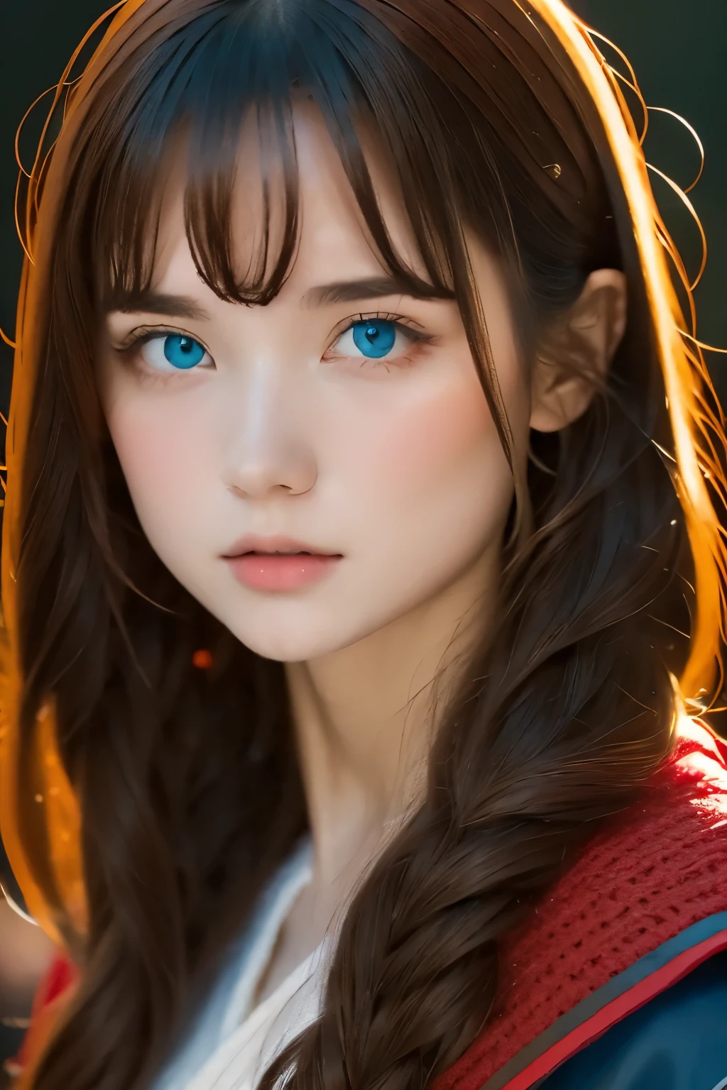 highest quality, 4k, High resolution, masterpiece:1.2, Super detailed, (realistic, realistic, realistic:1.37), lively, Unusual eyes of red and blue,strong gaze,Seductive eye contact,fiery red iris,star shining in dark blue,Shining eyes,Bright colors,portrait,fantasy art,magical red light,mysterious beauty,Red color palette,Long hair,red-like cloak