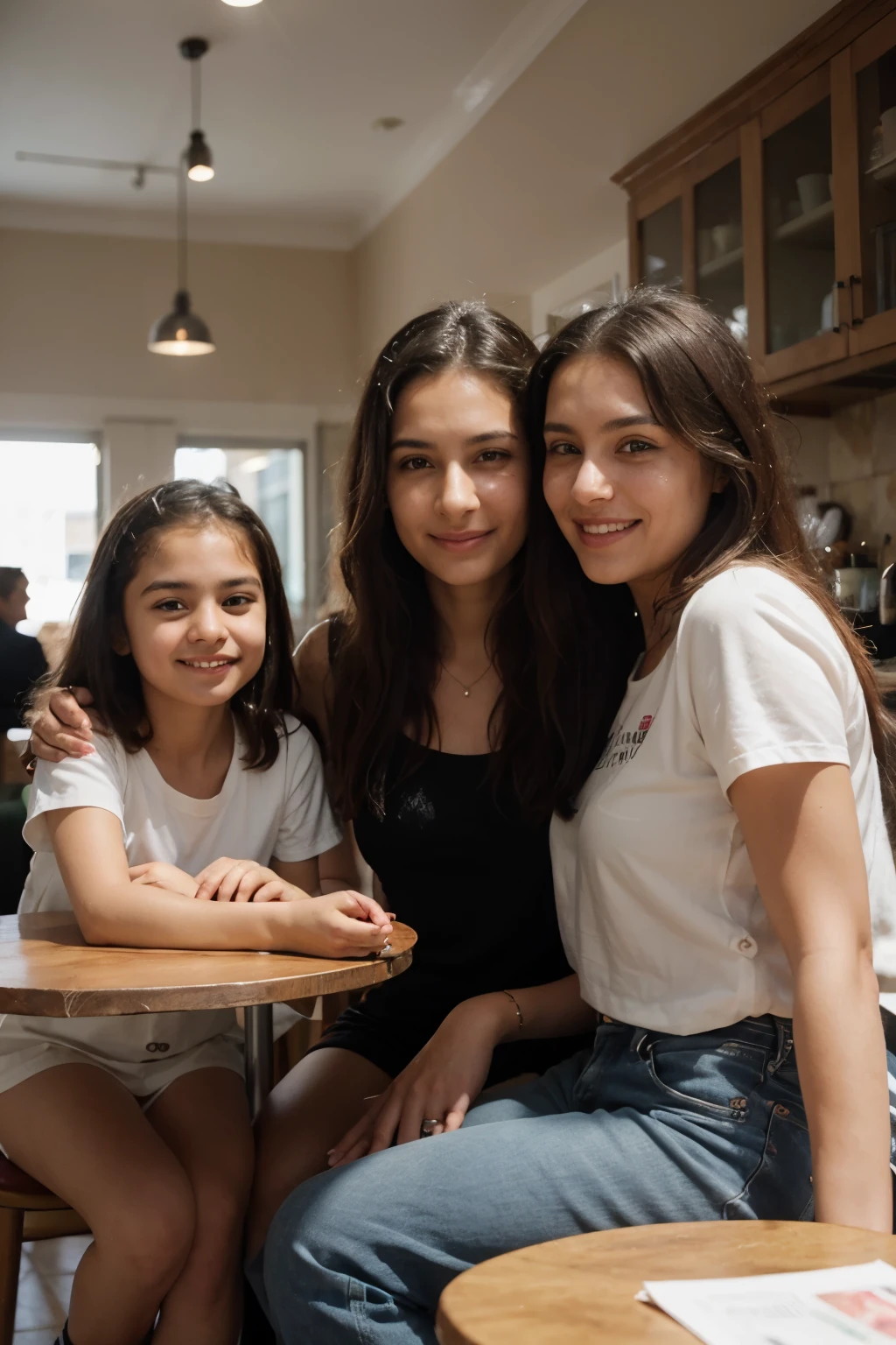 Young girl, long black curly hair, in a beautiful much house, indoor, on a sofa, with her family members, father, mother, 2 brothers, with natural lighting,