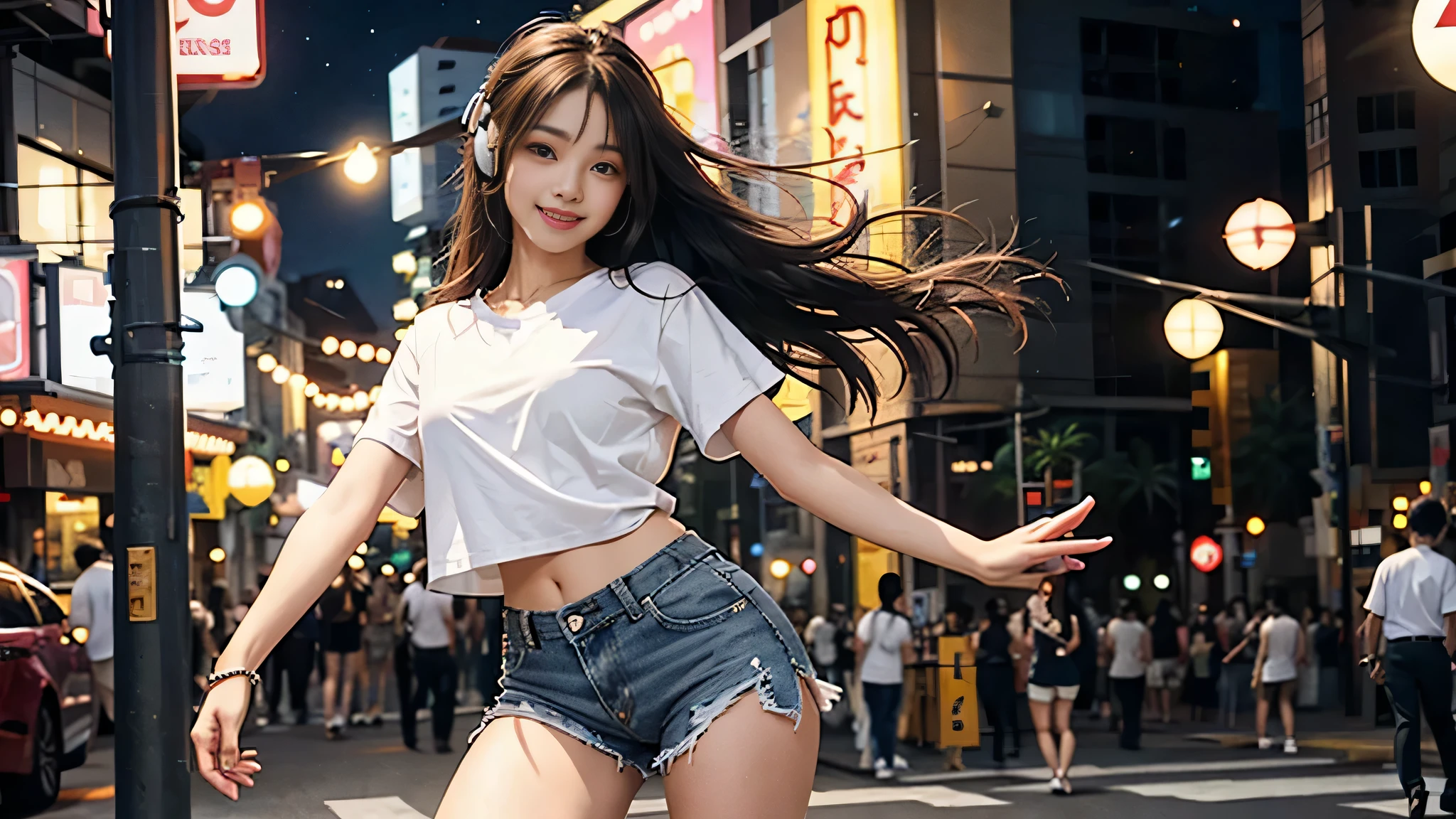 While listening to headphones in the downtown area at night,dance happily,with long hair、He is smiling wearing a white shirt and denim shorts.１adult woman