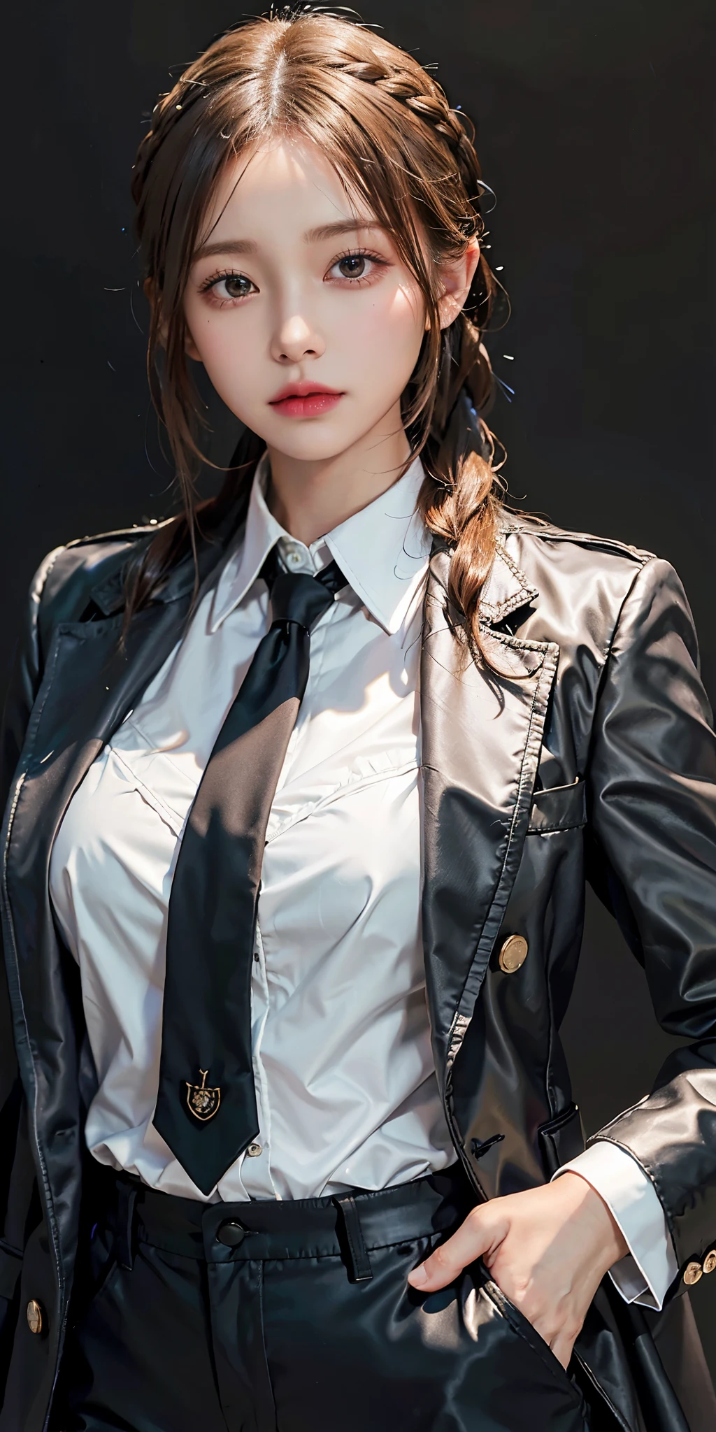 lifelike, high resolution, soft light,1 female, alone, Buttocks up, Shiny skin, (Detailed face), hands in pockets, Braided ponytail, eye socket, formal, coat, collared shirt, black tie, Black pants