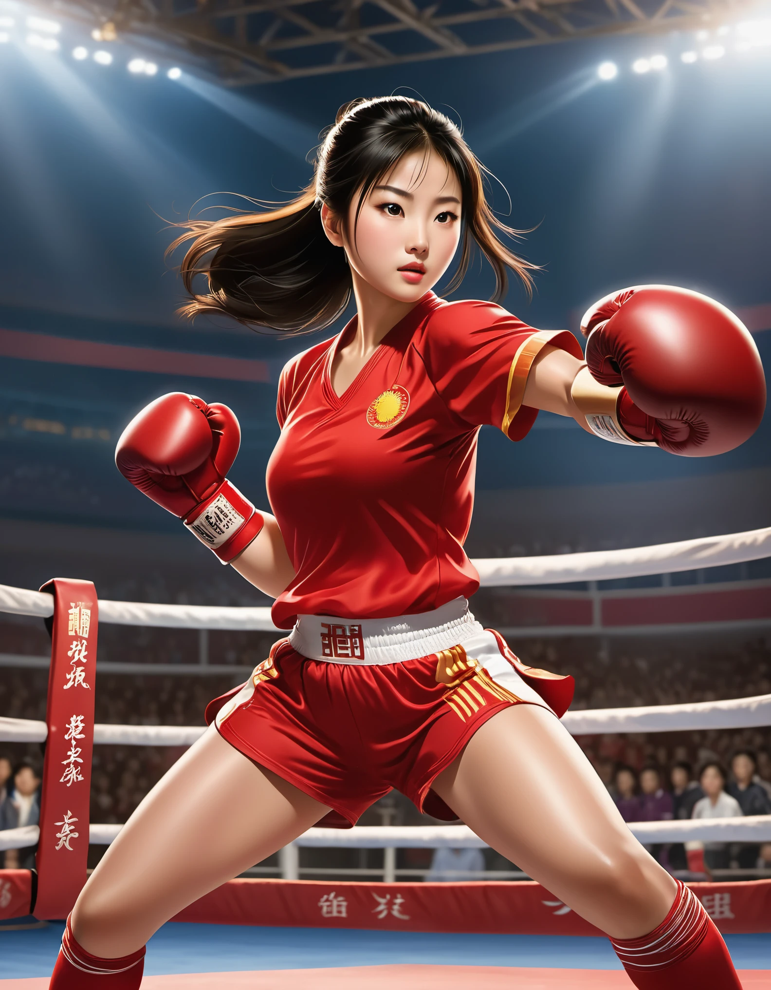 Chinese girl in red blouse at sparring match, "china" on jersey, dynamic kicking action, Chinese movie poster, determined expression, sparring match action, background: boxing ring podium championship trophy,...
Animation, Studio Ghibli, Detailed Illustrations, Official Art, Cavalli Style, 32k, Night, HD Wallpaper, Selective Focus, Documentary Style,