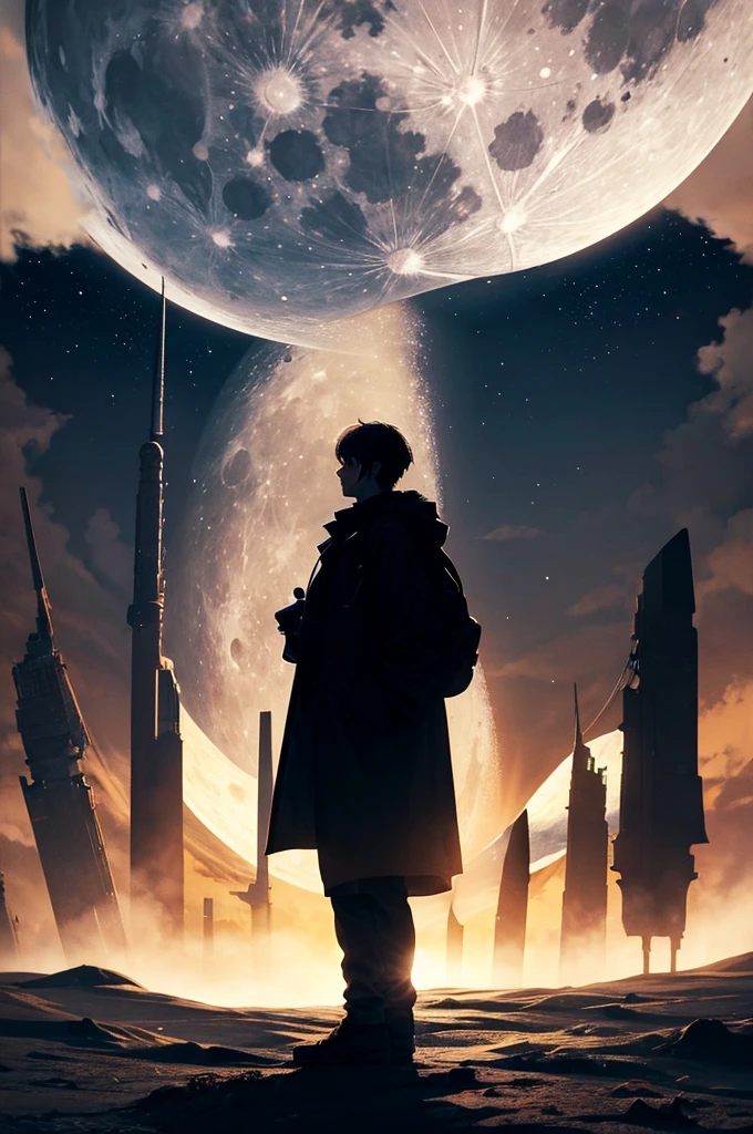 highest quality,big moon and shadow,A silhouette of a person can be seen against the background of the big moon.,There is one full moon,There is a mood,beautiful scenery,starry sky
