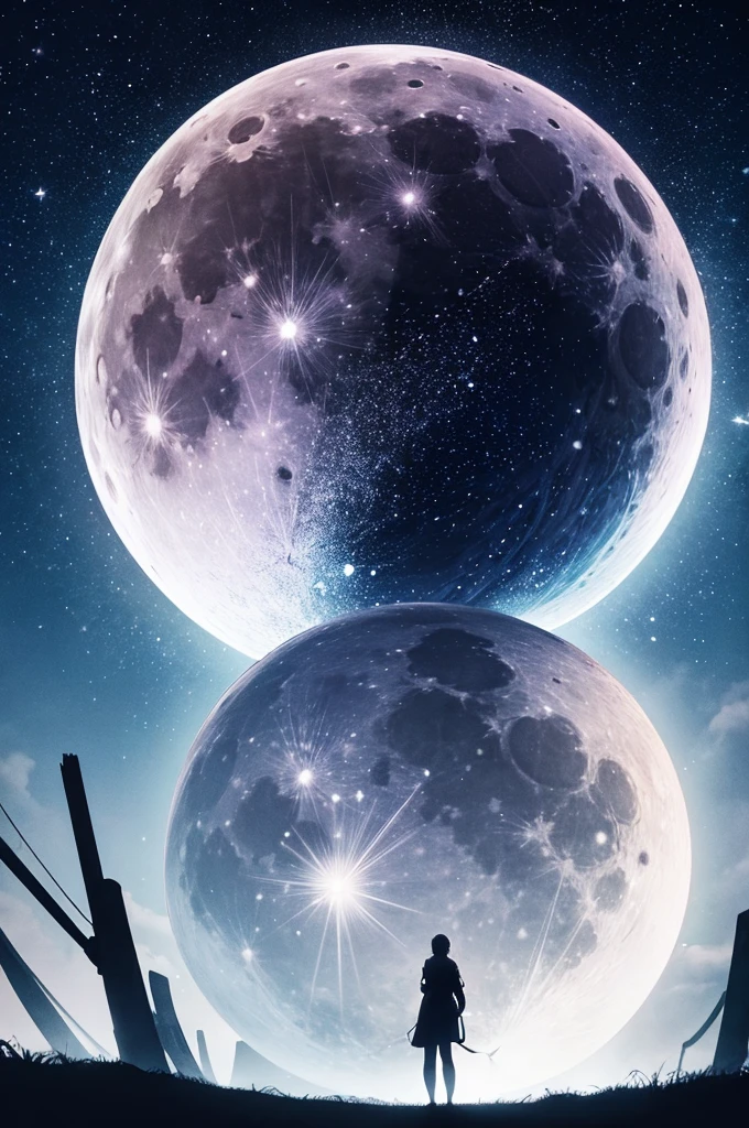 highest quality,big moon and shadow,A silhouette of a person can be seen against the background of the big moon.,There is one full moon,There is a mood,beautiful scenery,starry sky