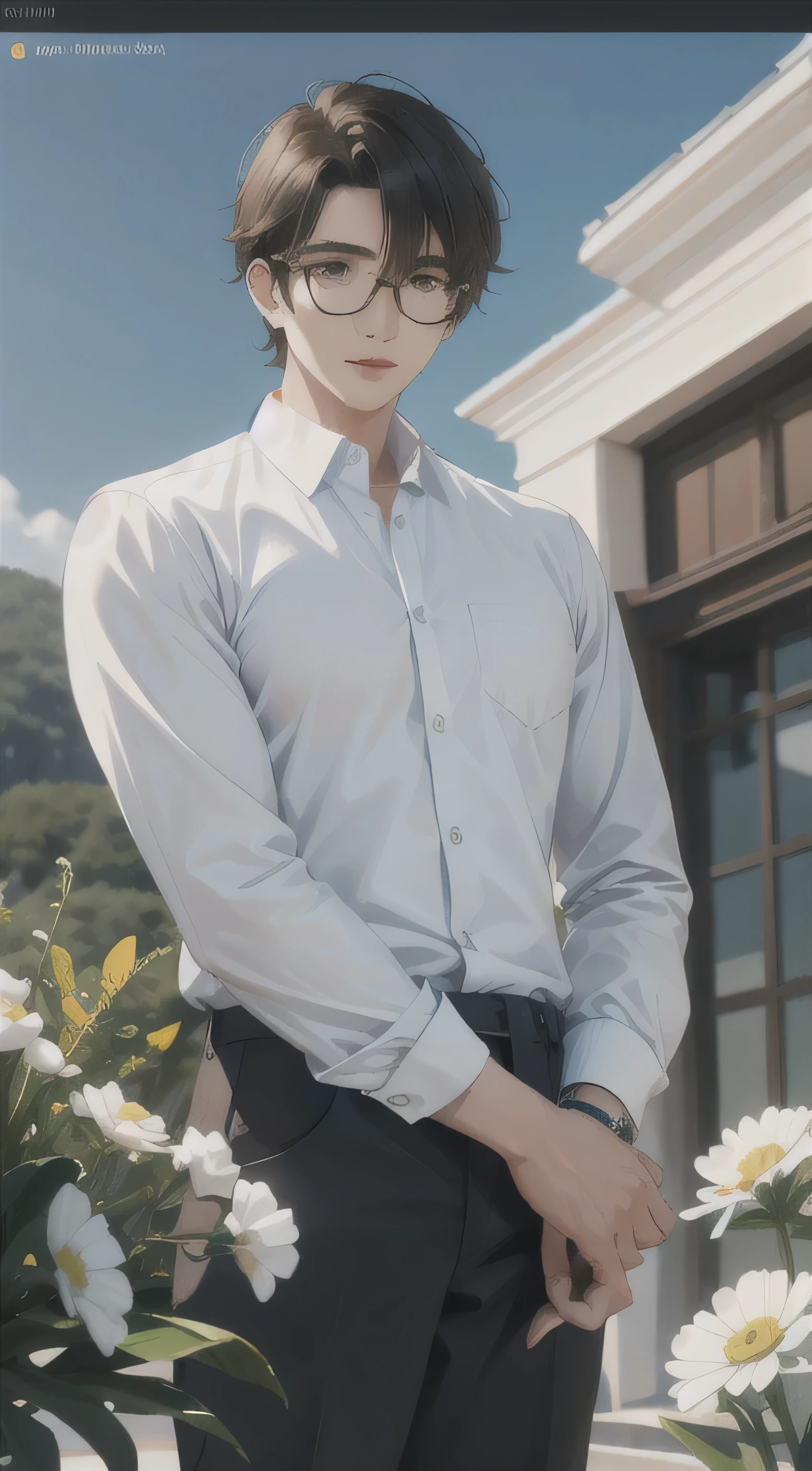 man with round glasses and white shirt from civilization, face details, eye details, mouth details, best quality