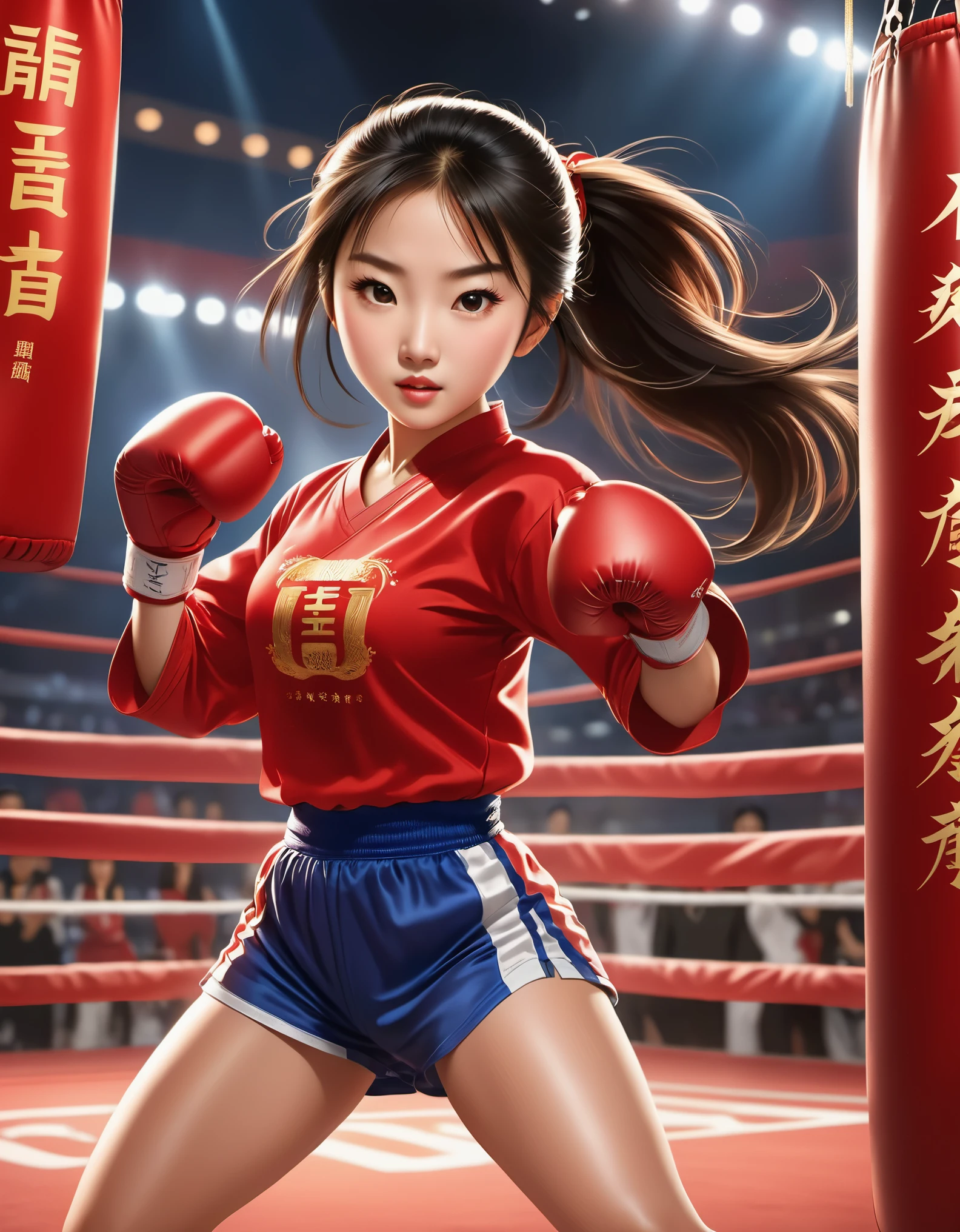 Chinese girl in red blouse in sparring match, (letters "china" on jersey: 0.85), dynamic kicking action, chinese movie poster, stoic expression, sparring match action, background: boxing ring podium championship trophy,...
Animation, Studio Ghibli, Detailed Illustrations, Official Art, Cavalli Style, 32k, Night, HD Wallpaper, Selective Focus, Documentary Style, 