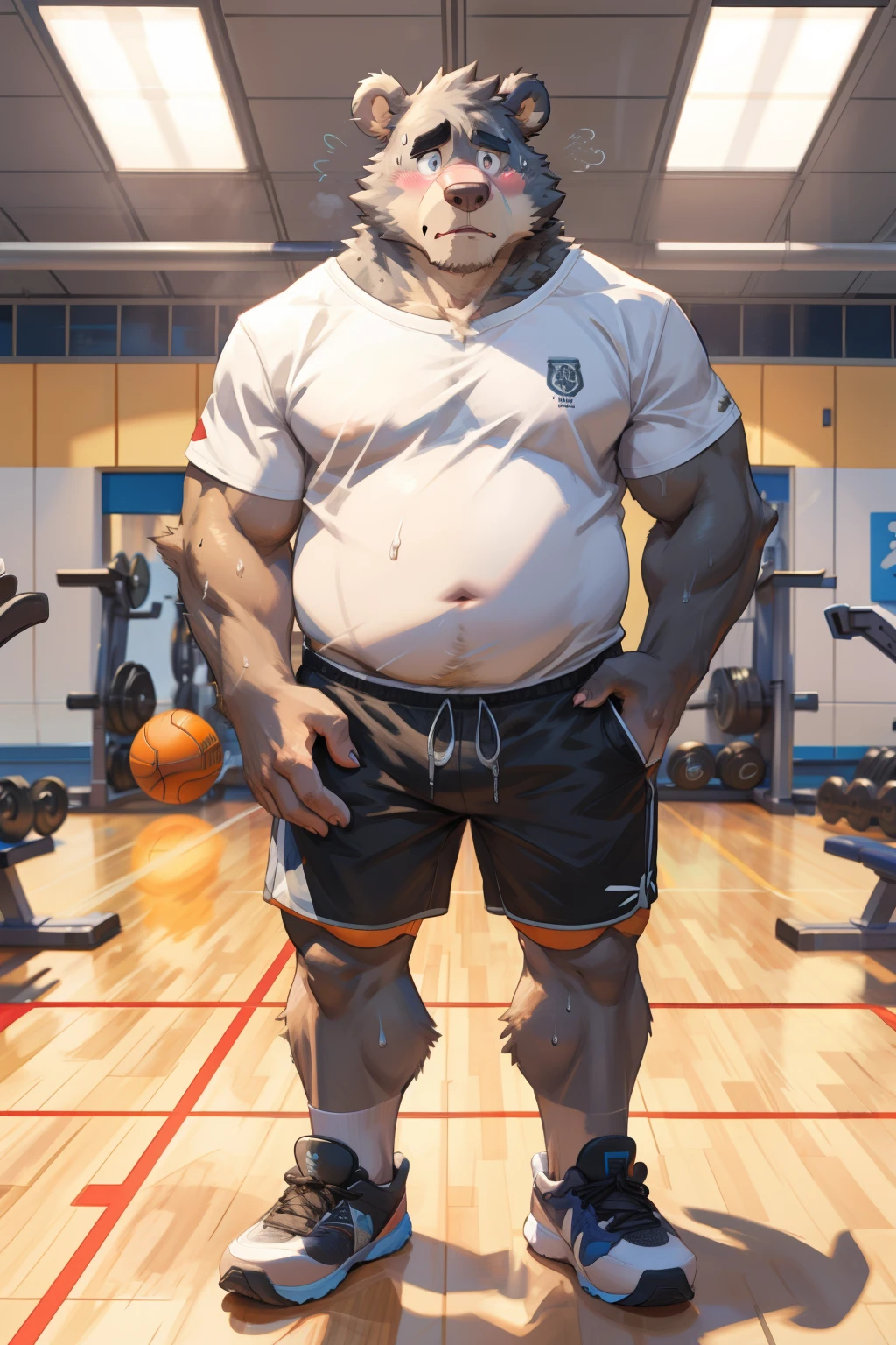 Gray Bear Man, social fear, blush, Looking shyly at the camera, sweat, Gym, short sleeves, shorts, sports shoes, Slightly fat