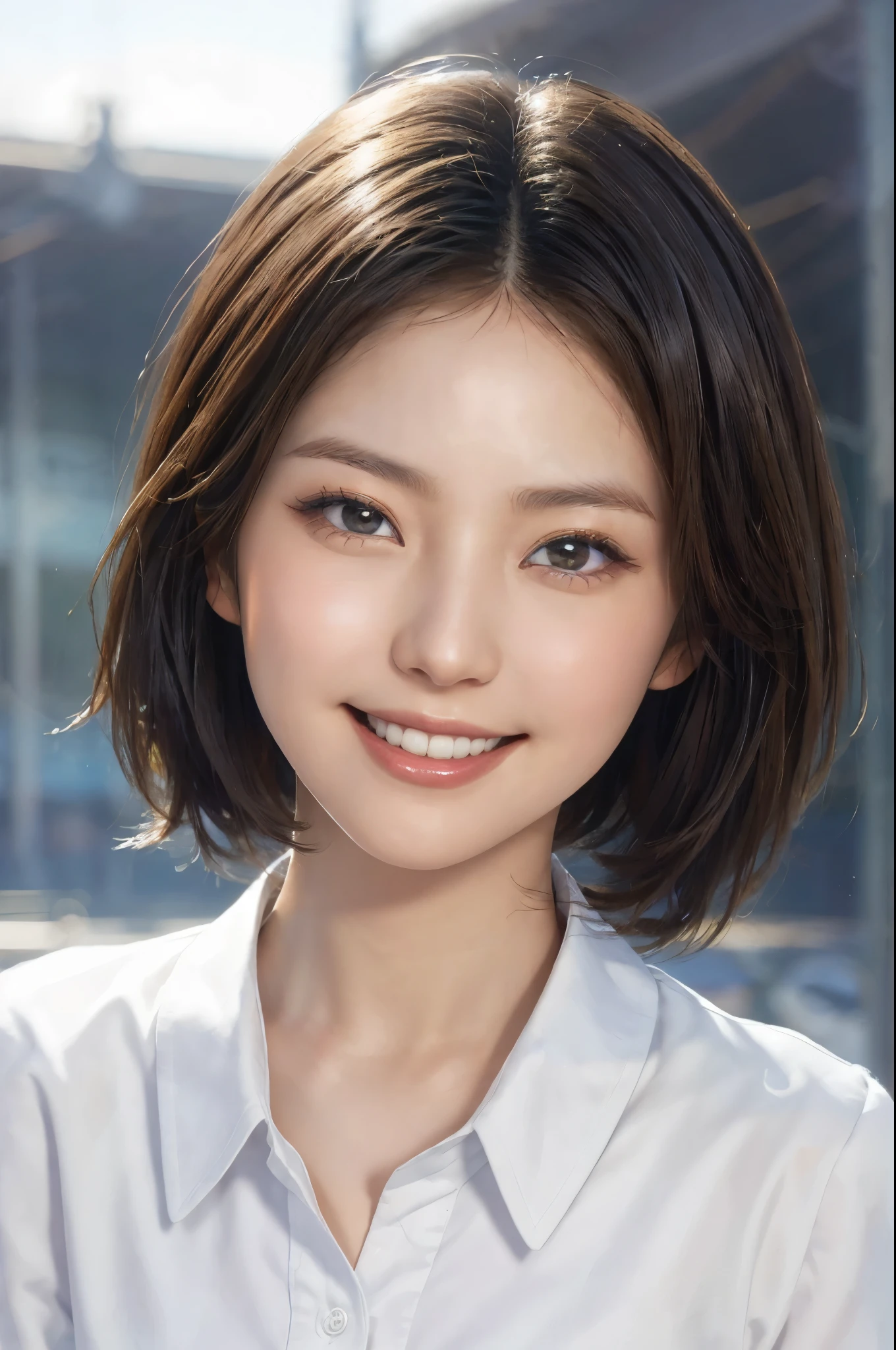 (highest quality、table top、8k、best image quality、Award-winning work)、One cute high school girl、(Strongly blurred school background:1.1)、(perfect polyester shirt:1.1)、(uniform ribbon on chest:1.1)、glossy lips、illuminate the face、(Very short hair that covers the face:1.2)、(close up of face:1.25)、look at me and smile、classy and perfect makeup、Ultra high definition beauty face、ultra high definition hair、Super high-definition sparkling eyes、(Shining ultra-high definition beautiful skin:1.1)、Super high resolution glossy lips、(accurate anatomy:1.1)、ultra high definition hair、Super high resolution perfect beautiful teeth, ((upper body:1.5)),