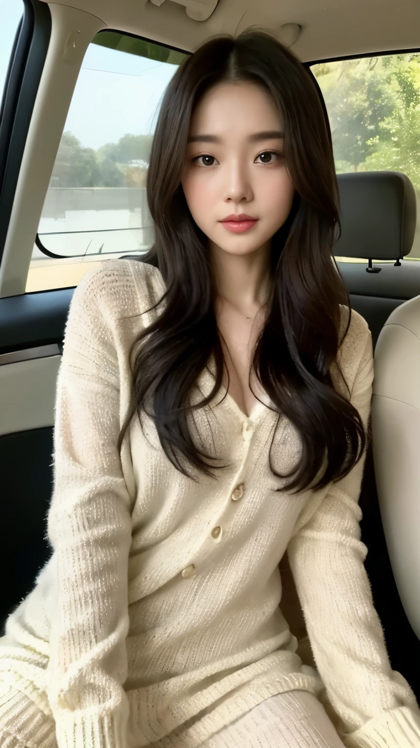 ((top-quality、8k、​masterpiece:1.3))、Beautiful woman with perfect body:1.4、slim abdomen:1.2、Longhair, normal breast, Highly detailed facial and skin texture, A detailed eye, delicate eyes, double eyelid, (smile), (full body shot), ((in the car 1.1)), (sitting in the car), ((wearing white sweater suit dress)), looking in front