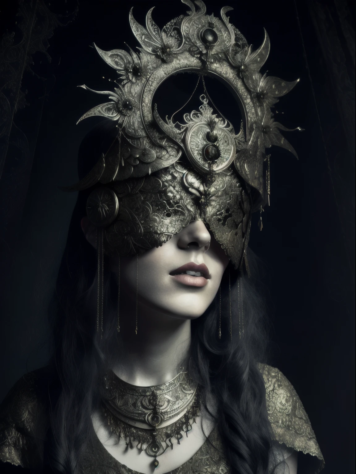 portrait, a woman wearing a halo blind mask, necklace, tone mapped, detailed, highly detailed, digital painting, artstation, concept art, smooth, sharp focus, beautiful illustration, photo, brightly lit, dynamic lighting, fog, intricate, film grain, professional, facing the viewer, OldEgyptAI