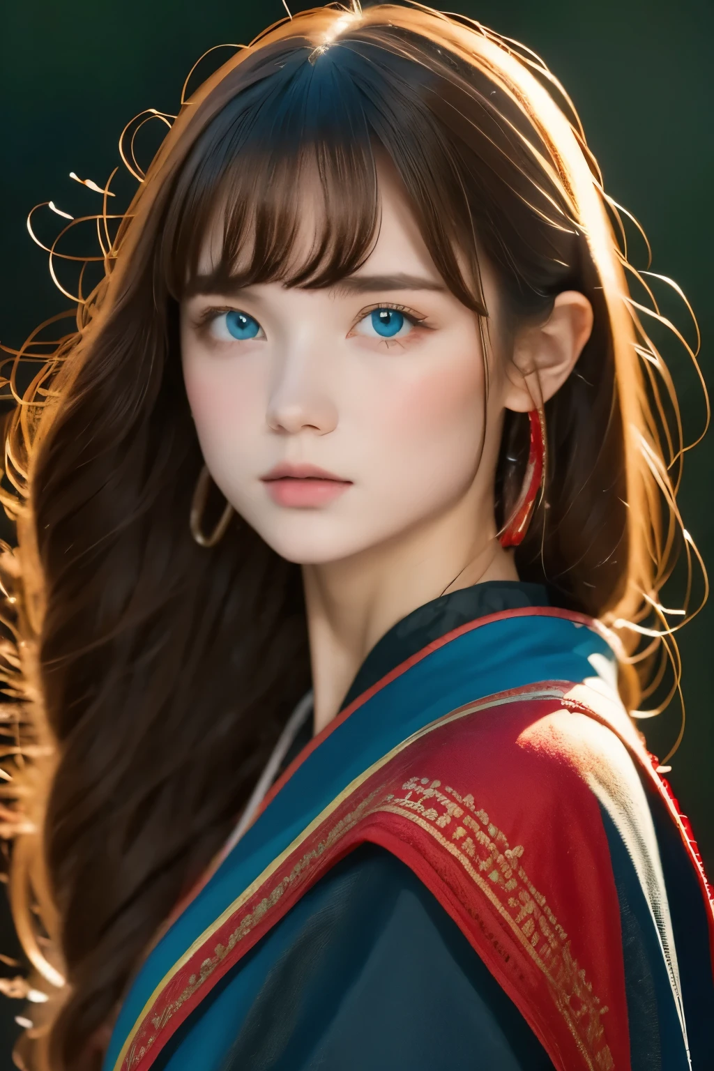 girl wrapped in flames、Upper body、dark background、Dark background、Flame wielder、wizard、(realistic, realistic, realistic:1.37), lively１４talent, Unusual eyes of red and blue，strong gaze，Seductive eye contact，fiery red iris，star shining in dark blue，Shining eyes，Bright colors，portrait，fantasy art，magical red light，mysterious beauty，Red color palette，Long hair，red-like cloak、highest quality, 4k, High resolution, masterpiece:1.2, Super detailed,