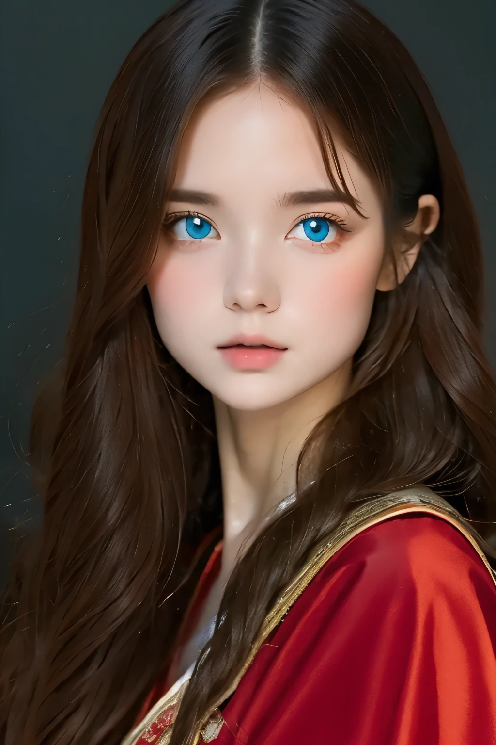 girl wrapped in flames、Upper body、dark background、Dark background、Flame wielder、wizard、(realistic, realistic, realistic:1.37), lively１４talent, Unusual eyes of red and blue，strong gaze，Seductive eye contact，fiery red iris，star shining in dark blue，Shining eyes，Bright colors，portrait，fantasy art，magical red light，mysterious beauty，Red color palette，Long hair，red-like cloak、highest quality, 4k, High resolution, masterpiece:1.2, Super detailed,