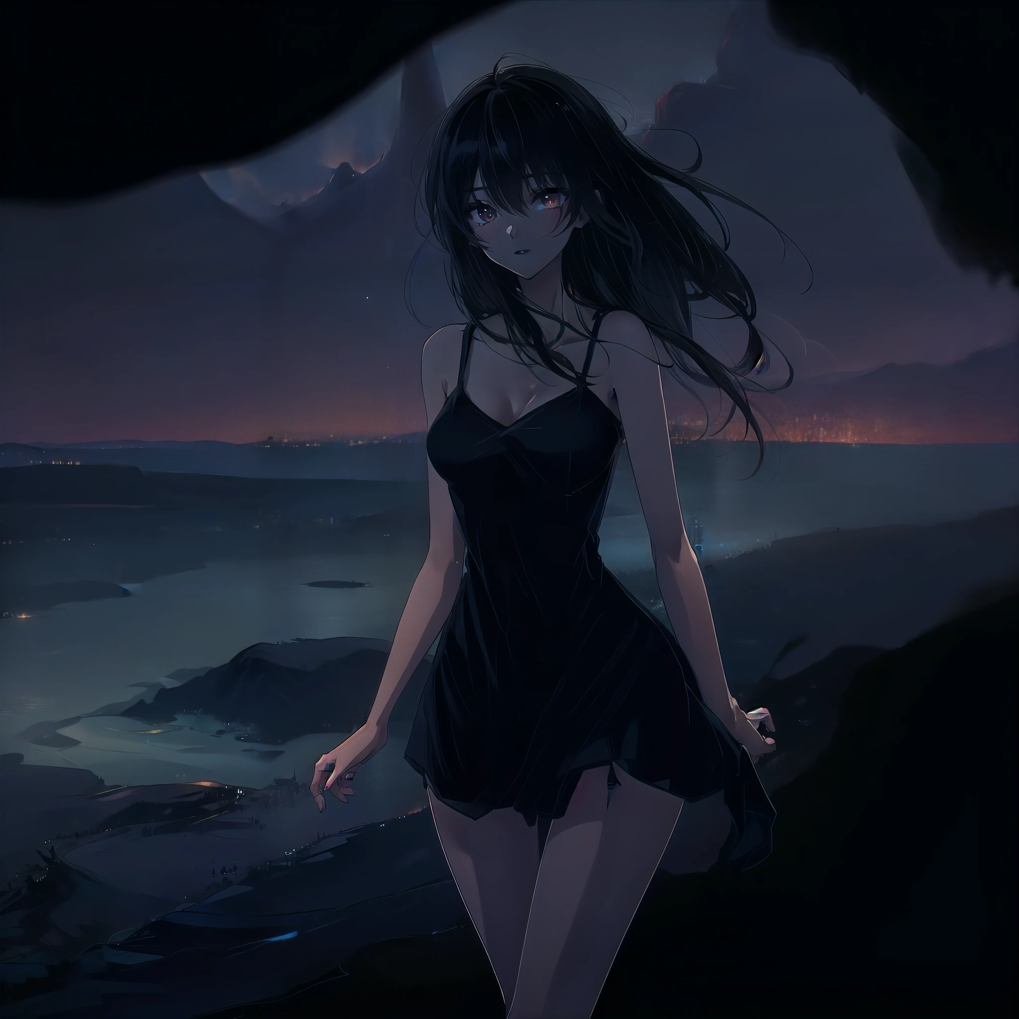 A woman with black hair, beautiful long legs, and wearing a skirt looks at the night view of the cityscape along the lakeside that stretches out from a hill.