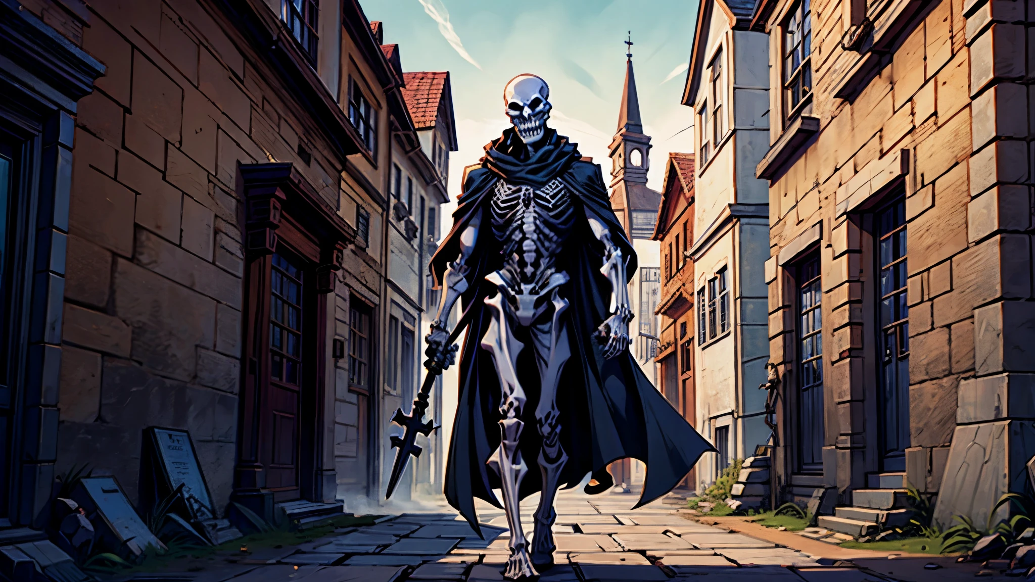 A skeleton man stands in a medieval town holding a cross