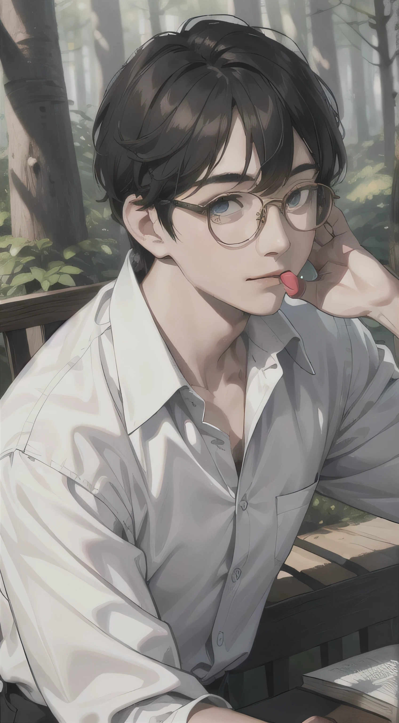 man with round glasses and white shirt from civilization, face details, eye details, mouth details, forest background, best quality