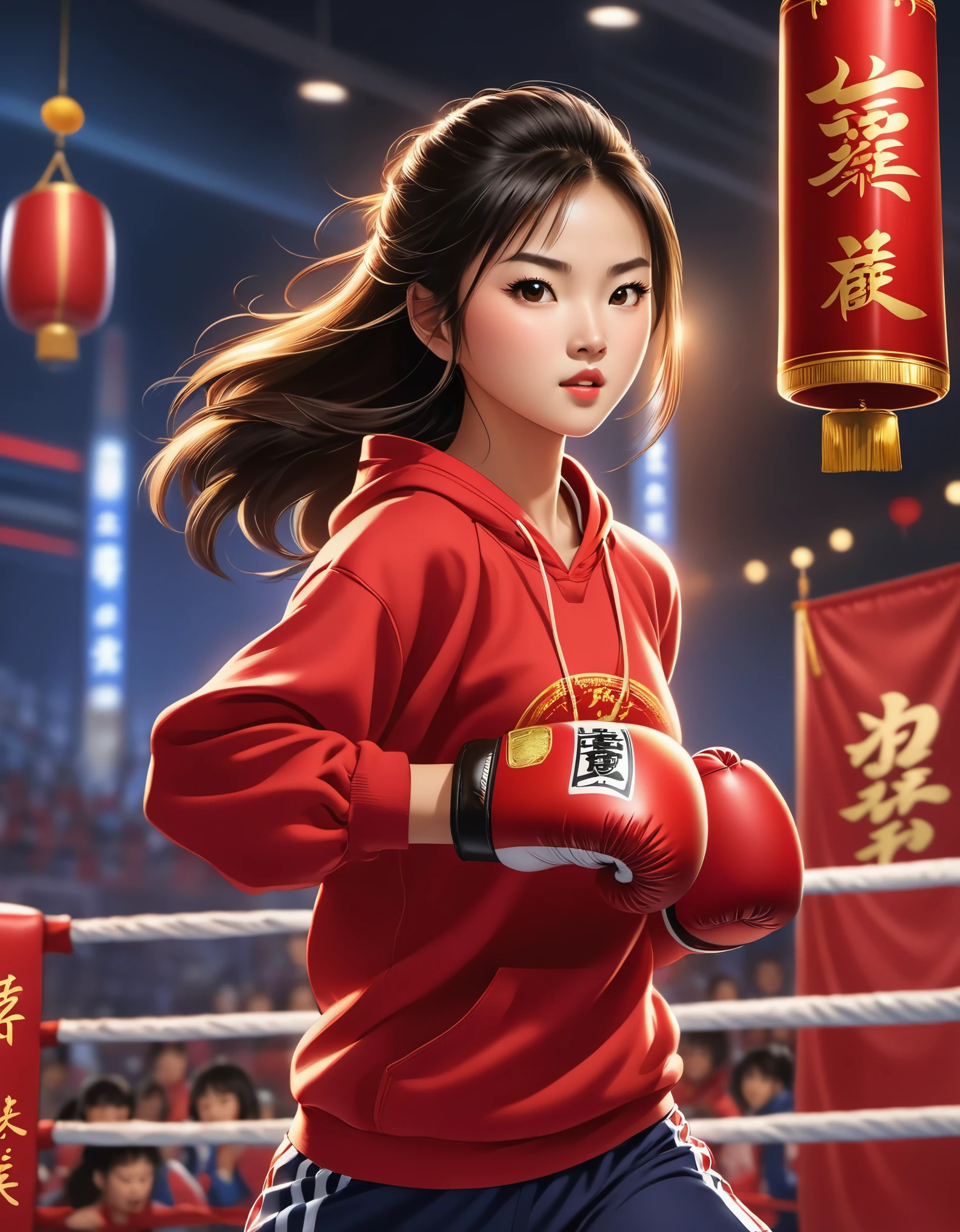 Chinese girl in red blouse boxing, sweatshirt with "china" ，Dynamic kicking action，A determined expression，Sanda competition moves,background：Champion trophy，
China poster,animation, Studio Ghibli,  Detailed illustrations, official art, Kavasi style,  32k，night, HD wallpapers，Selective focusing, Documentary style, 