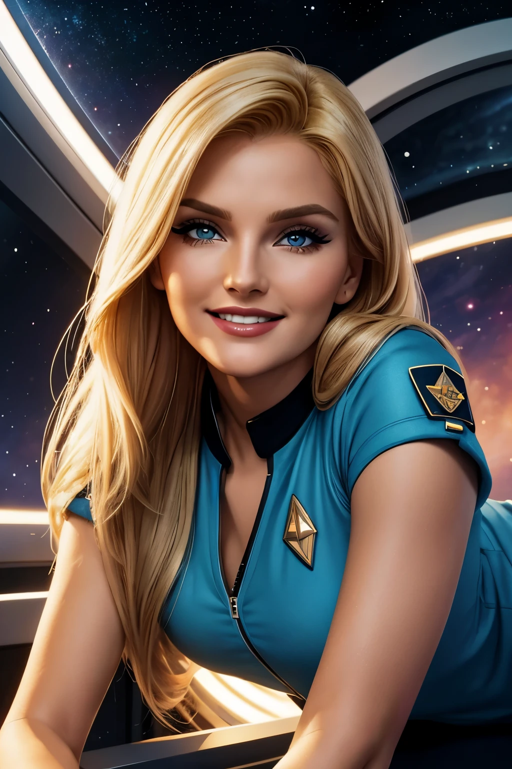 Masterpiece illustration, very detailed face, full body, a 20 year old sexy space babe, beautiful denise crosby with long luscious blonde hair, eyeliner, lipstick, eyeshadow, flirty smile, cute glint in her eye, youthful enthusiasm, on the bridge of the enterprise, wearing a tng uniform, refined face detail, ambient light from displays, rim light,