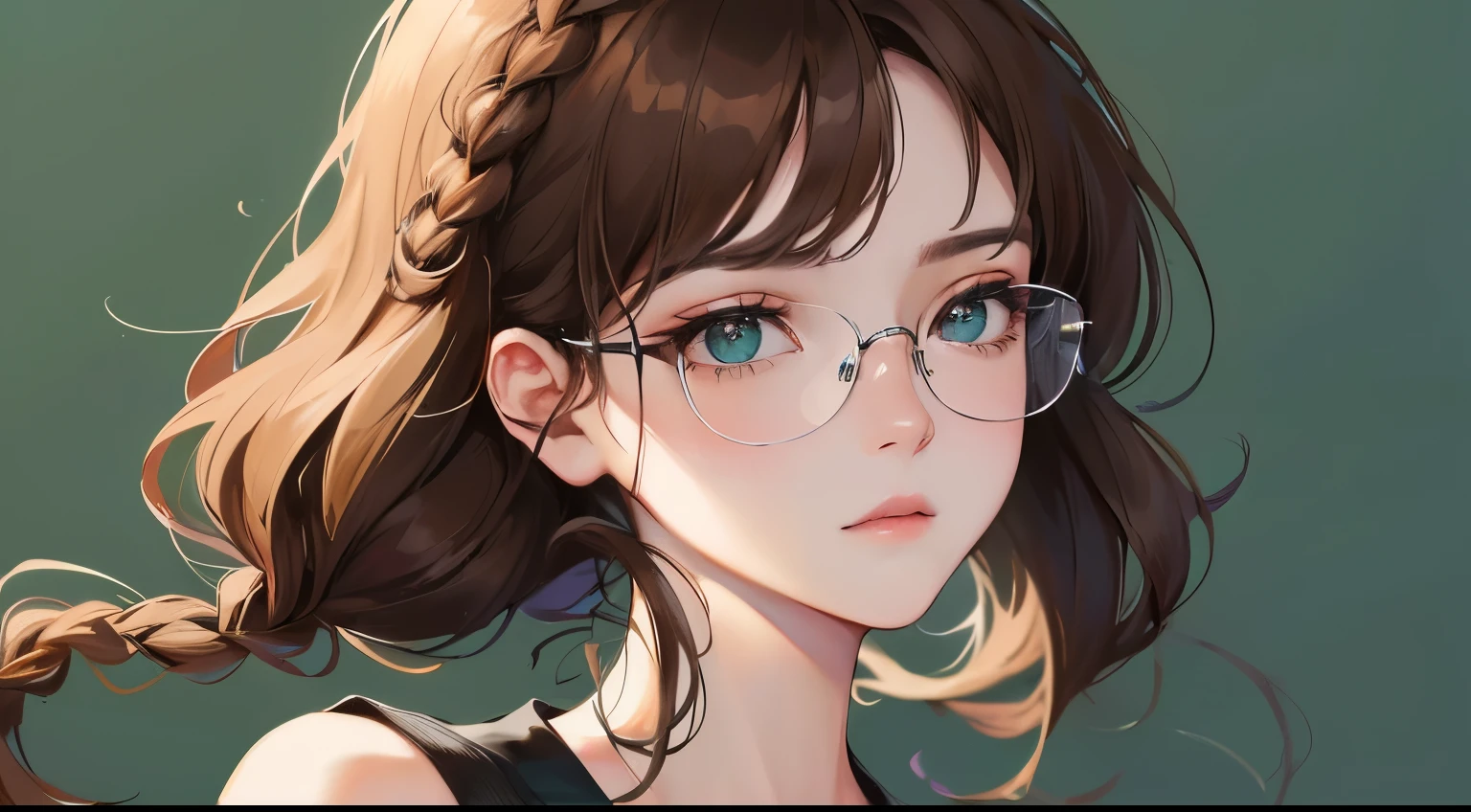 (((one girl)))、(emphasize the chest))、Masterpiece,best quality, (((arms folded))), determined expression, Glasses、((No expression))、black shirt、upper body diagram
(highest resolution、clear_image)、best quality、contrast of light and shadow、((illumination))、very detailed、semi-realistic、braided hairstyle、brown hair、bangs、25 years old、office Lady,,young、((green background))、delicate facial features facial features、