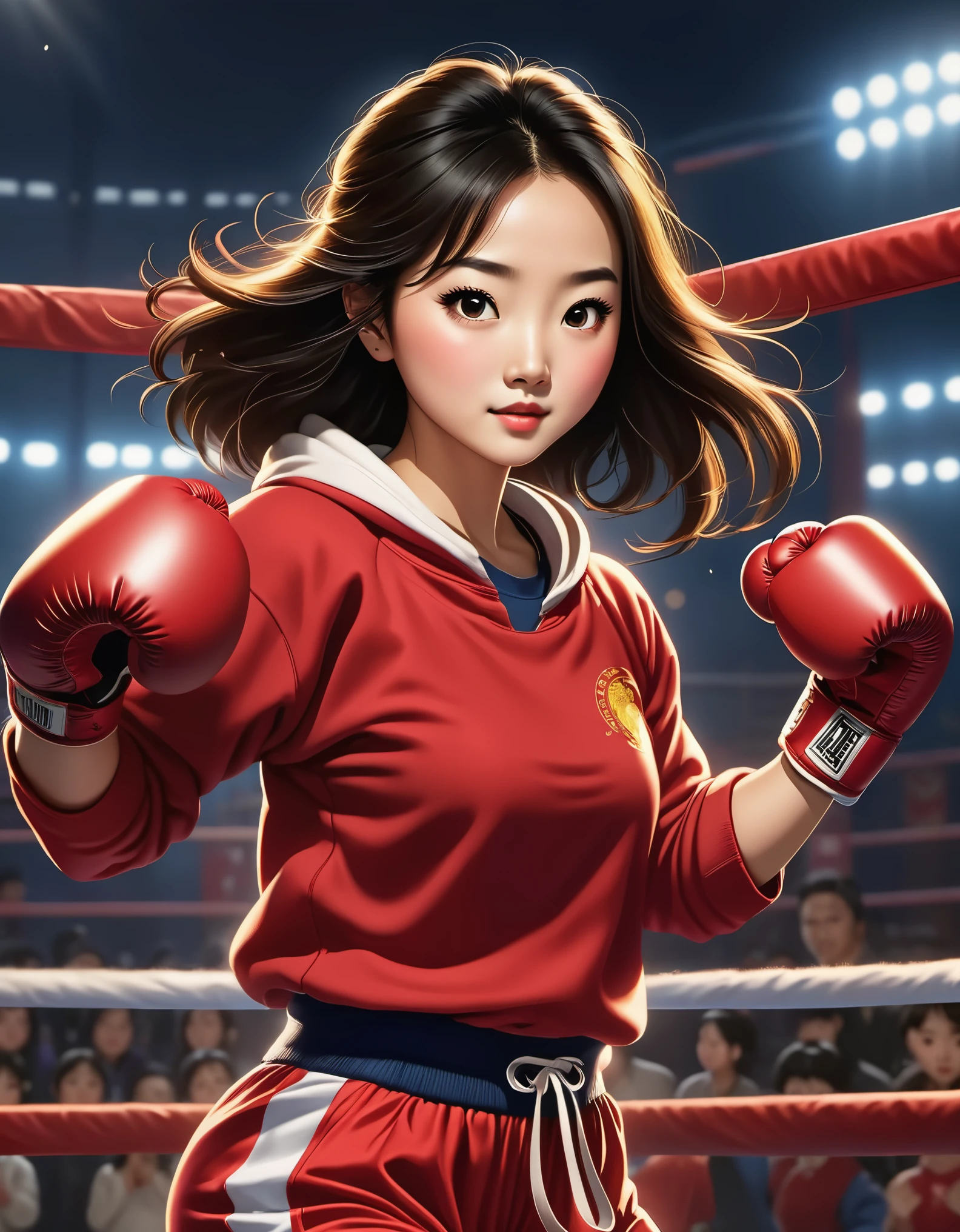 Chinese girl in red blouse boxing, （sweatshirt with "china"：0.85）， hand on her waist, animated boxing action, chinese movie poster, at the heart of the joyful and optimistic, animation, studio ghibli, boxing ring, detailed illustration, official art, kawaii style, graceful action, 32k uhd, nocturne, composition, nabis, hd wallpaper selective spotlight, documentary style, 