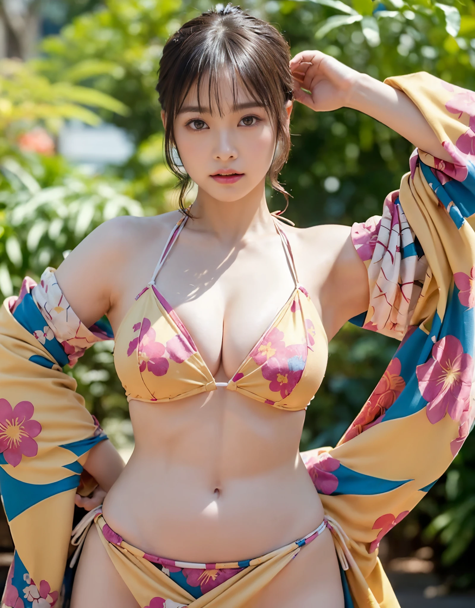 (highest quality、16k、masterpiece、ultra high resolution、(((prostitute))),22 years ago、((Showing off micro bikini)),(naked huge tits)、(((have cleavage))),((extremely heavy chest)),(login hair)、abs、perfect body、(((白colorの肌)),(((armpit))),((flower quill woman)), delicate features, surreal, super photographic, clavicle、shadow area、octane rendering、beautiful butt、(((kind))),((maikurobikini)),((Wearing a revealing kimono beautifully)),super detailed face、lips like eyes、double eyelid、(((kind)))、((mix:1.5))、maikurobikini、((belly button))、mysterious look、((heavy chest))、camel'beautiful and delicate kimono.high contrast、(((colorful kimono))),heavy chest、((おbelly button)).((color々Ricker takes a photo in a sexy pose、Kimono comes off、(someone who looks at you calmly, Eyes like a goddess.)happiness:1.2)、highly exposed、beautiful butt、青color、黄color、viola、wind effect、eyes shine、Beautiful patterned kimono、big hair ornament on the head。park background、beautiful hip line、white skin、