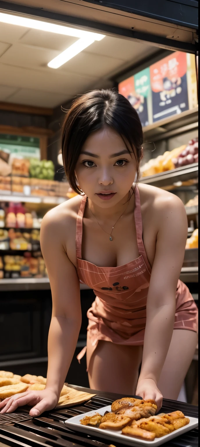 a woman, (northeast Asian food market, narrow street, in the dark shadow at night), customers, round face, (wearing various traditional patterned short apron on naked), (cute stall staff girl crouching slightly and spread legs), (showing off masturbation, squirting)), braid, 