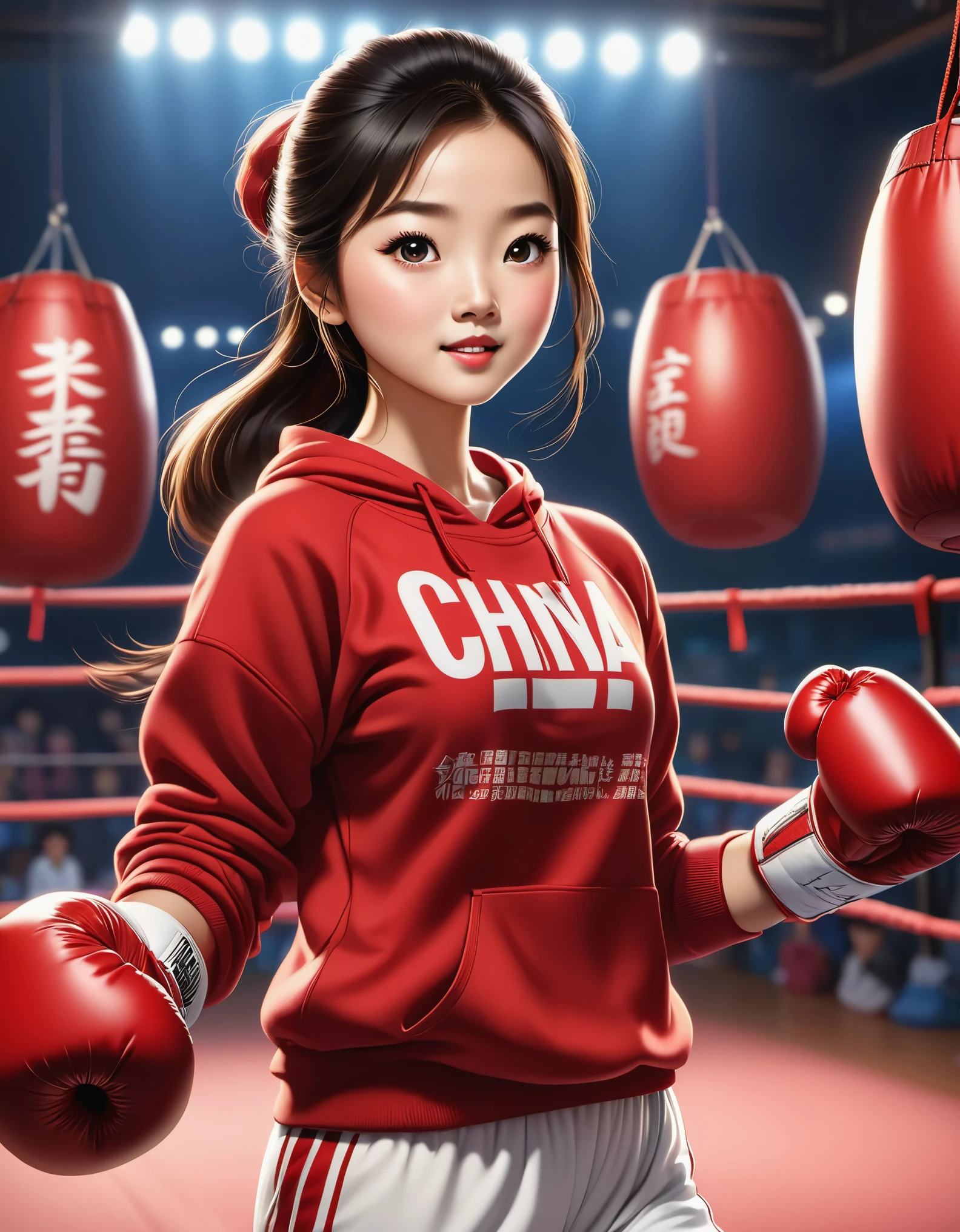 Chinese girl in red blouse boxing, sweatshirt with "china" hand on her waist, animated boxing action, Chinese movie poster, Joyful and optimistic, determined expression, boxing action, animated core, Studio Ghibli, detailed illustration, Kawasi-style, 32k, composition, nabis, selective focus, HD wallpaper, selective focus
animation core, studio ghibli, boxing ring, detailed illustration, official art, kawaii style, 32k, nocturne, composition, nabis, hd wallpaper, selective focus, documentary style, 