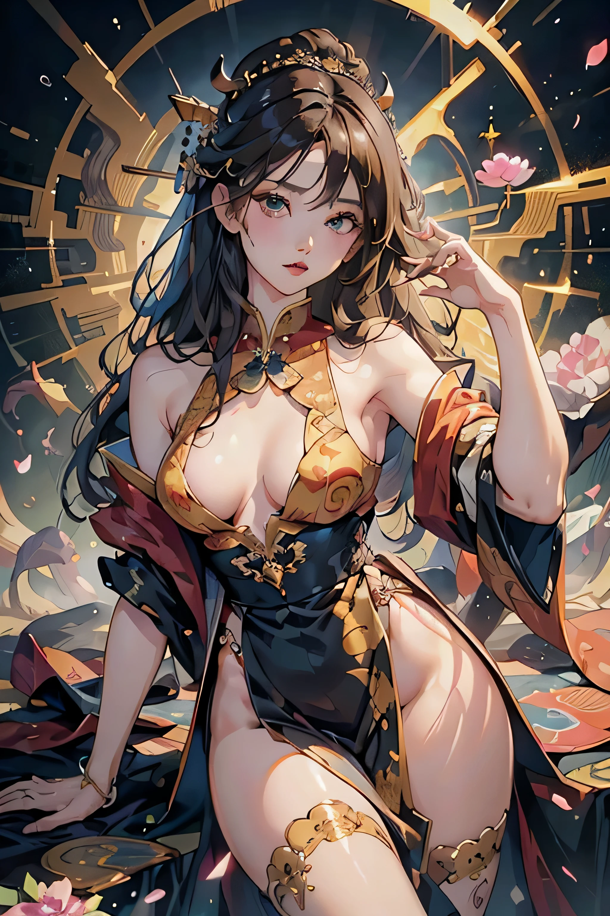 ((8k wallpaper of extremely detailed CG unit, masterpiece, hight resolution, top-quality, top-qualityのリアルテクスチャスキン)), (a very beautiful woman, Plump lips, The upper part of the body, Japanese pattern blouson:1.2, Japanese pattern micro mini shorts:1.2), (A dark-haired, hair messy, de pele branca, small tit), ((Colorful background with geometric patterns, Japanese pattern background, warm color)), (hyper realisitic, digitial painting),nsfw,slender body shape, (Hyper-realistic) , (illustration), (Increase the resolution), (8K), (RAW photos,best qualtiy),(realisticlying,photograph realistic:1.3),best qualtiy,highly detailed,tmasterpiece,Hyper-detailing,( the wallpaper), (Detailed face), solo,1girll,The is very detailed,dynamic angle,cow boy shot,The most beautiful form of chaos,elegant,Fauvist design,vivd colour,Goddess of romanticism,Model figure,ancient costume,best qualtiy,Extremely detailed jewelry,Peony petals,scenecy,rios|Wagas,nsfw, chinese dress, slender , black dress,dynasty, white top, black bottom