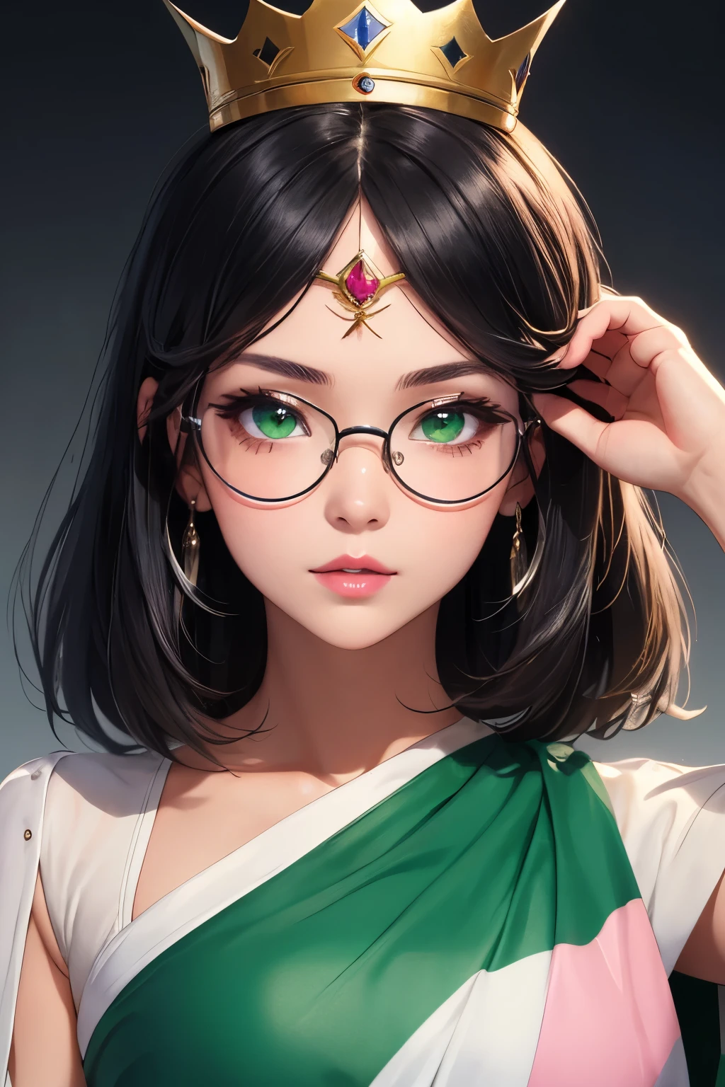 ((best quality)), ((masterpiece)), (detailed), perfect face a beautiful white-toned girl with black and silver hair wearing transparent glasses and a skin-fit warrior clothes, green eyes, glossy skin. detailed skin, pink lips  with a spear in hand with a crown on her head 