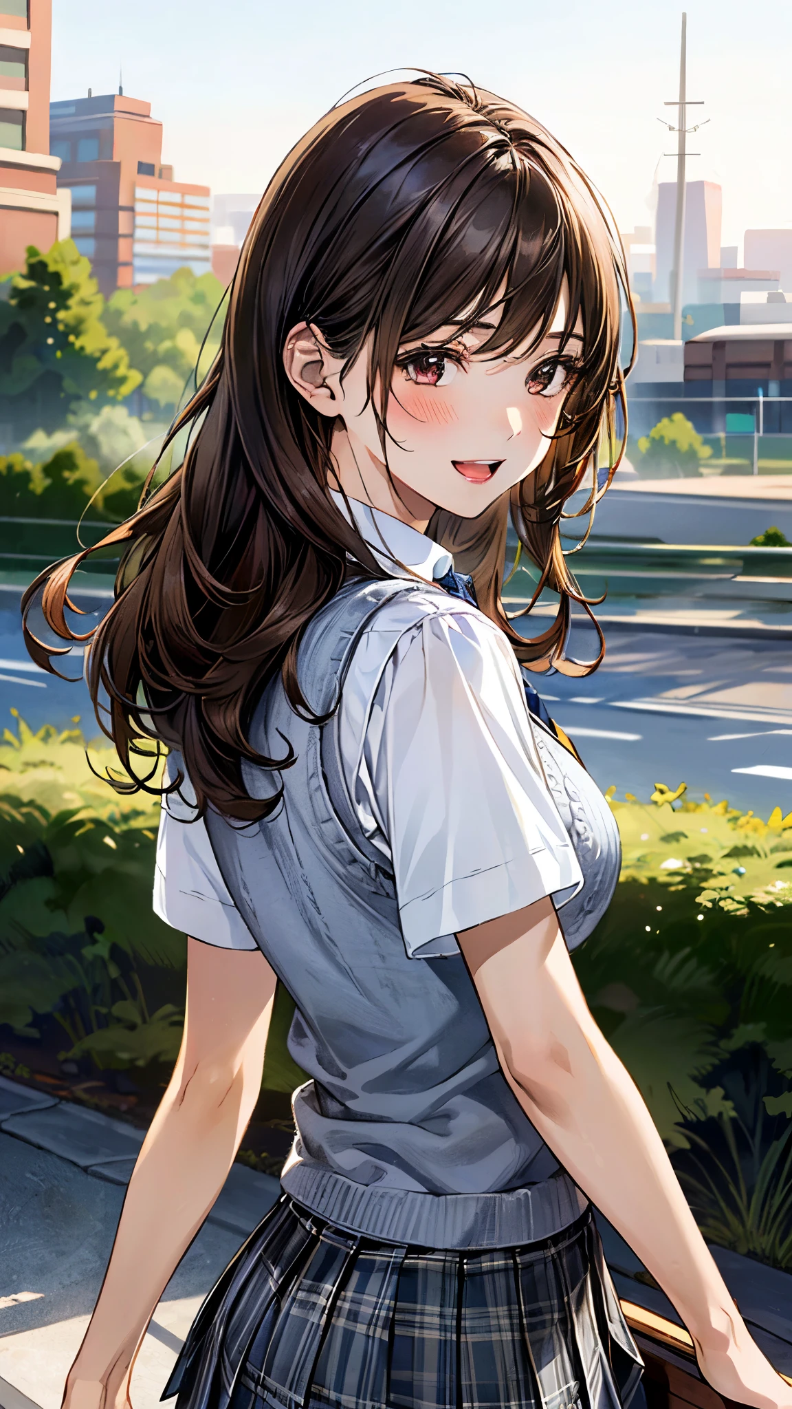 (masterpiece:1.3, top-quality), ultra high res, ultra detailed, (realistic, photorealistic:1.4), beautiful illustration, perfect lighting, colorful, depth of fields,
looking at viewer, (face focus, upper body), 1 girl, solo, hight school girl, gravure model, (large breasts:0.8, large ass, seductive thighs, skindentation),
(long hair:1.2, straight hair:1.2, (saddle-brown colored) hair), swept bangs, (brown) eyes, shiny skin, slender,
beautiful hair, beautiful face, extremely detailed face, beautiful detailed eyes, beautiful clavicle, beautiful body, beautiful chest, beautiful thigh, beautiful legs, beautiful fingers,
(detailed cloth texture, (navy knit vest), grey plaid tie, short sleeve white collared shirt, grey plaid pleated skirt), black socks, white panties,
(beautiful scenery), morning, (park, cityscape in the distance), (walking, turned around), (seductive smile, upper eyes, open mouth small),