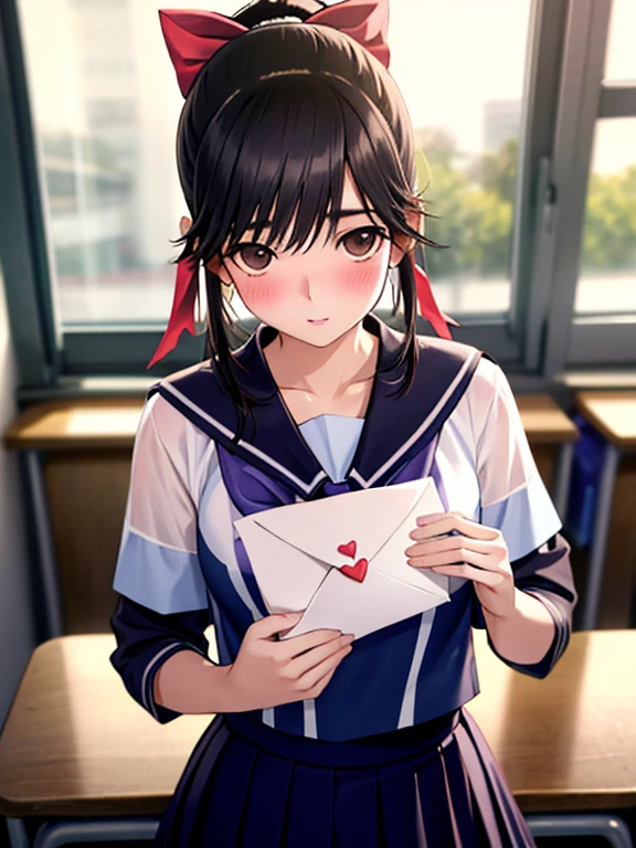 hold a love letter in your chest、ponytail、hair ribbon、sailor suit、classroom、after school、blush、small eyes、UHD, retina, masterpiece, ccurate, anatomically correct, textured skin, super detail, high details, high quality, best quality, highres, 4K