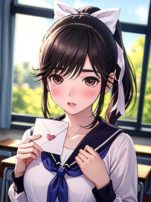 hold a love letter in your chest、ponytail、hair ribbon、sailor suit、classroom、after school、blush、small eyes、UHD, retina, masterpiece, ccurate, anatomically correct, textured skin, super detail, high details, high quality, best quality, highres, 4K