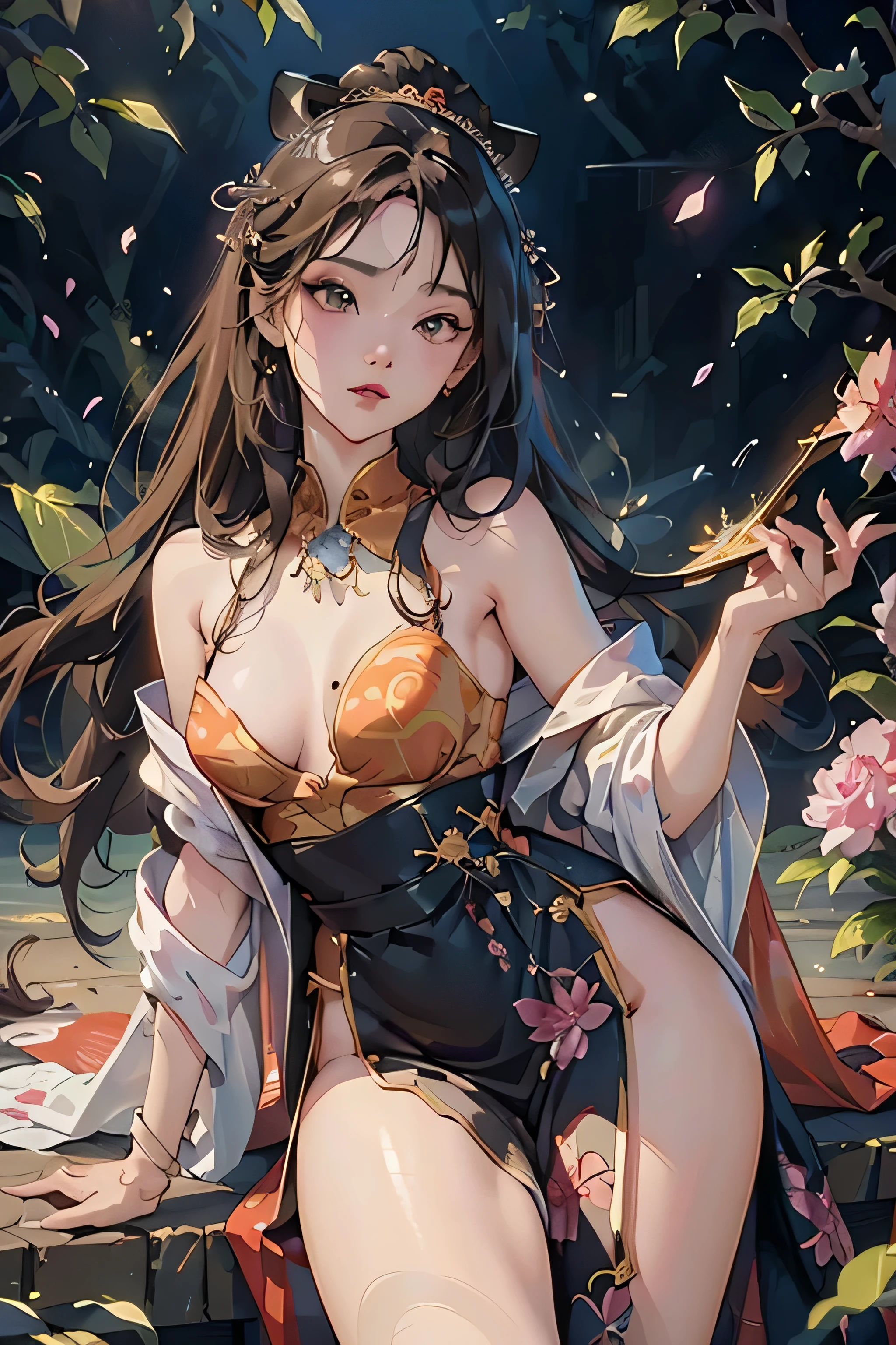 ((8k wallpaper of extremely detailed CG unit, masterpiece, hight resolution, top-quality, top-qualityのリアルテクスチャスキン)), (a very beautiful woman, Plump lips, The upper part of the body, Japanese pattern blouson:1.2, Japanese pattern micro mini shorts:1.2), (A dark-haired, hair messy, de pele branca, small tit), ((Colorful background with geometric patterns, Japanese pattern background, warm color)), (hyper realisitic, digitial painting),nsfw,slender body shape, (Hyper-realistic) , (illustration), (Increase the resolution), (8K), (RAW photos,best qualtiy),(realisticlying,photograph realistic:1.3),best qualtiy,highly detailed,tmasterpiece,Hyper-detailing,( the wallpaper), (Detailed face), solo,1girll,The is very detailed,dynamic angle,cow boy shot,The most beautiful form of chaos,elegant,Fauvist design,vivd colour,Goddess of romanticism,Model figure,ancient costume,best qualtiy,Extremely detailed jewelry,Peony petals,scenecy,rios|Wagas,nsfw, chinese dress, slender , black dress,dynasty, white top, black bottom