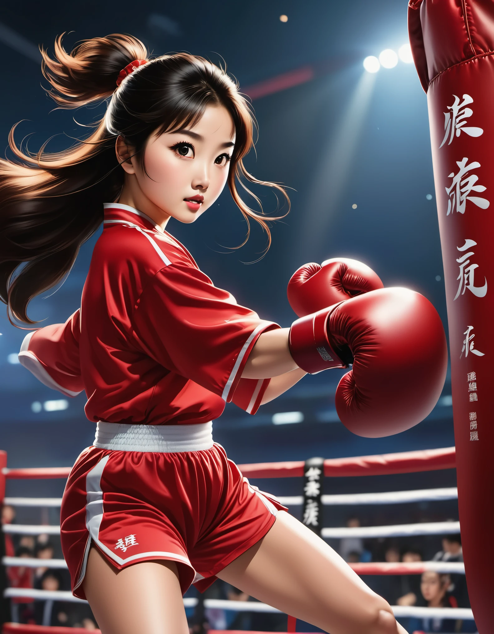 Chinese girl in red blouse in sparring match, "china" on jersey, high kick action, dynamic boxing action, chinese movie poster, determined expression, boxing action, animated core, studio ghibli, detailed illustration, kawasaki style, 32k, official art, composition, nabis, selective focus, wallpaper, nocturne, selective focus
animation core, studio ghibli, boxing ring, detailed illustration, official art, kawaii style, 32k, nocturne, composition, nabis, hd wallpaper, selective focus, documentary style, 