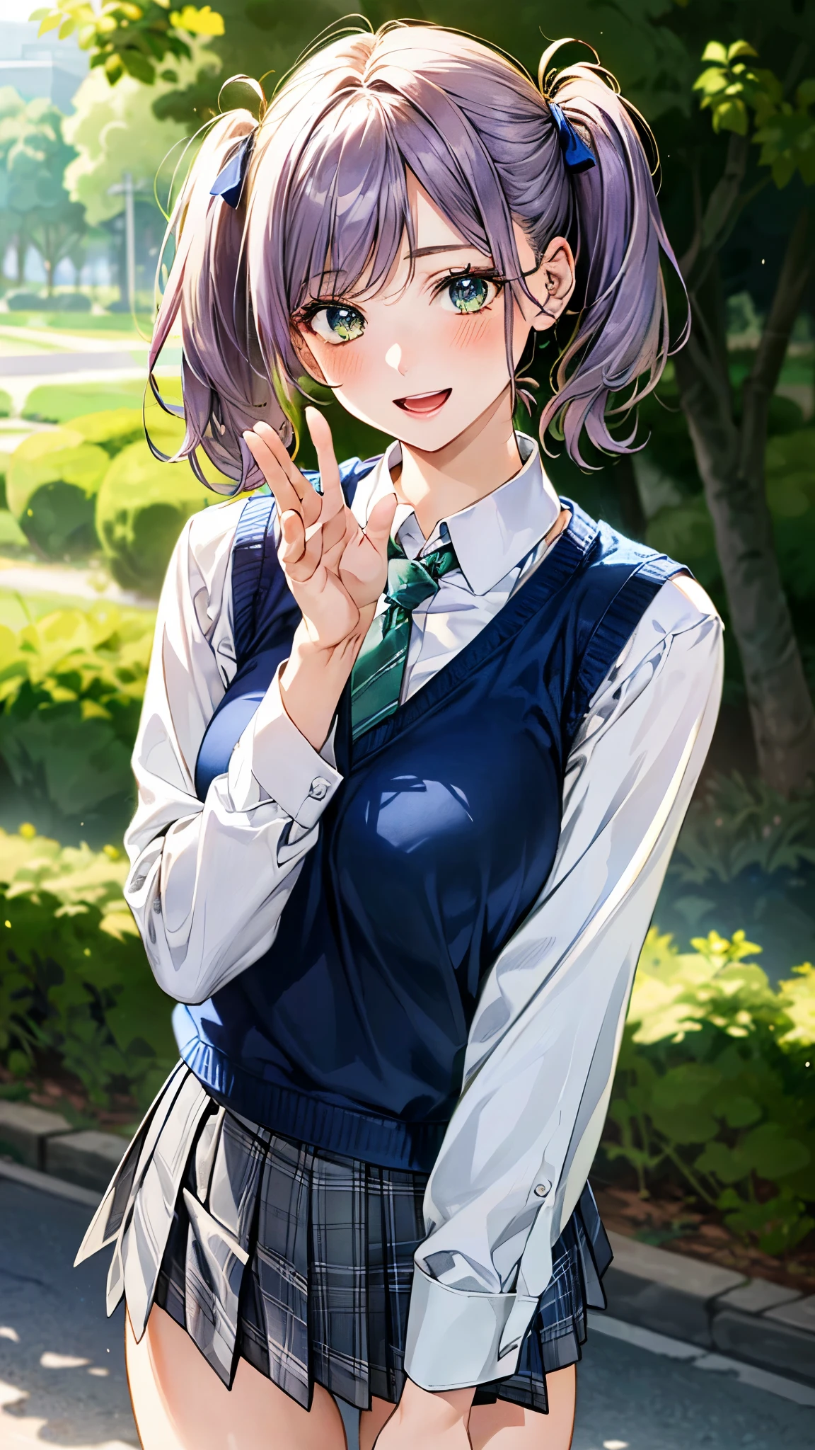 (masterpiece:1.3, top-quality), ultra high res, ultra detailed, (realistic, photorealistic:1.4), beautiful illustration, perfect lighting, colorful, depth of fields,
looking at viewer, (face focus, upper body), 1 girl, solo, hight school girl, , (large breasts:1.1, large ass, seductive thighs, skindentation),
(short hair:1.2, twintails:1.2, light purple hair), swept bangs, emerald green eyes, drooping eyes, big eyes, shiny skin, slender, tiny,
beautiful hair, beautiful face, extremely detailed face, beautiful detailed eyes, beautiful clavicle, beautiful body, beautiful chest, beautiful thigh, beautiful legs, beautiful fingers,
(detailed cloth texture, (navy knit vest), grey plaid tie, collared long sleeve white shirt, grey plaid pleated skirt), black socks, white panties,
(beautiful scenery), morning, (outside school), standing, (waving at viewer), (seductive smile, open mouth small),